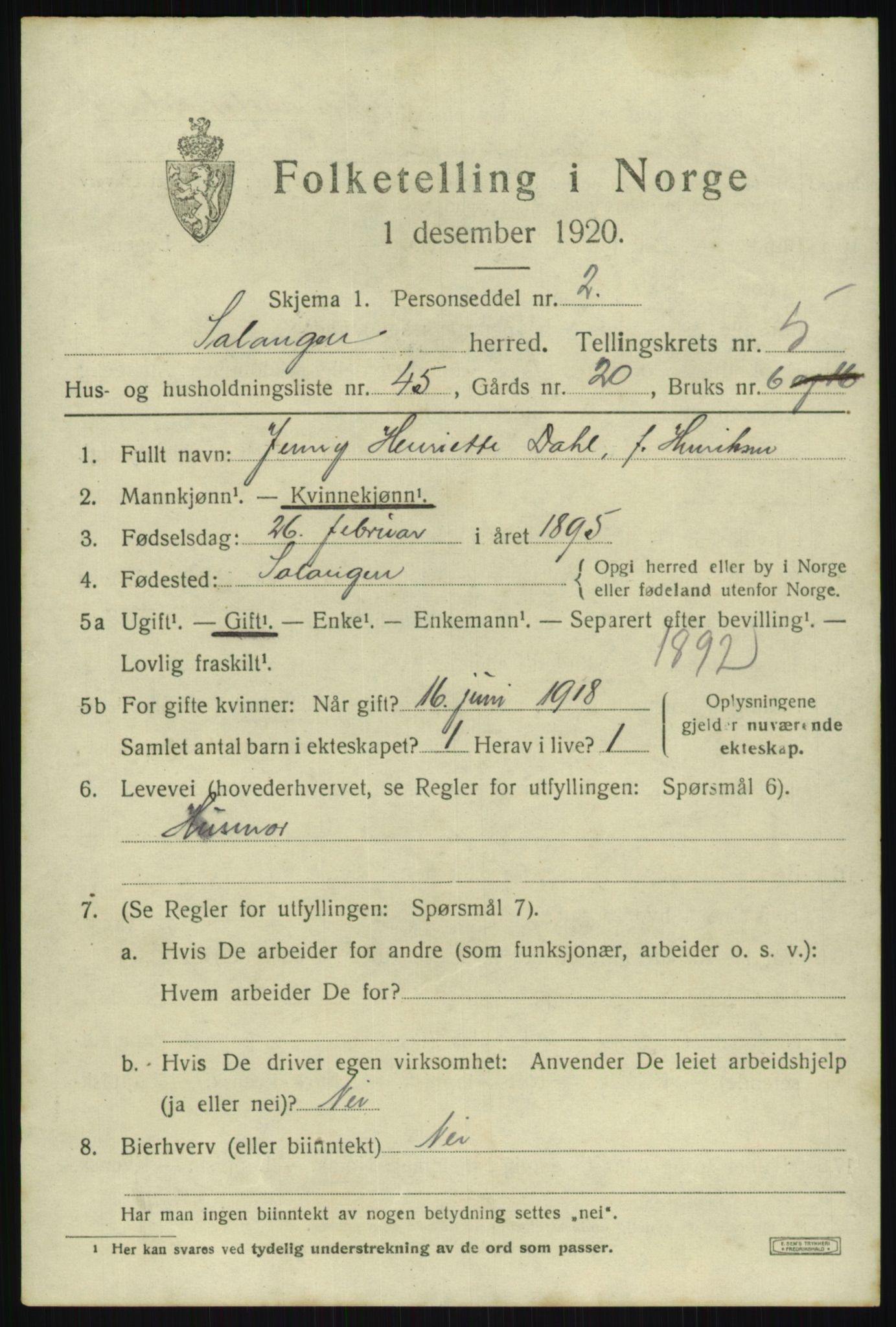 SATØ, 1920 census for Salangen, 1920, p. 3910