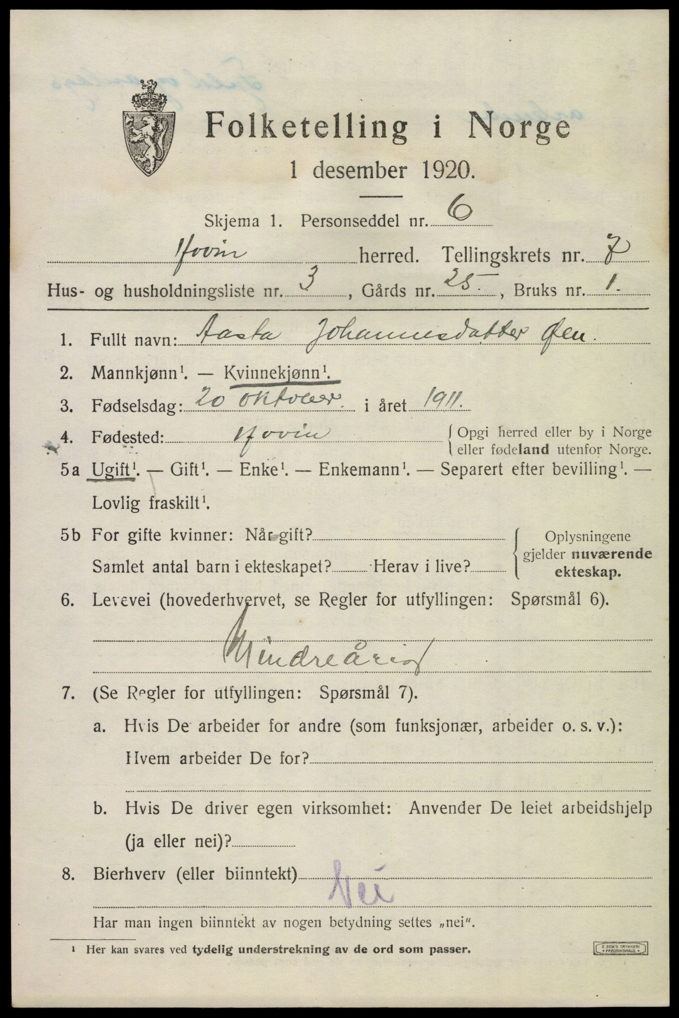 SAKO, 1920 census for Hovin, 1920, p. 1727