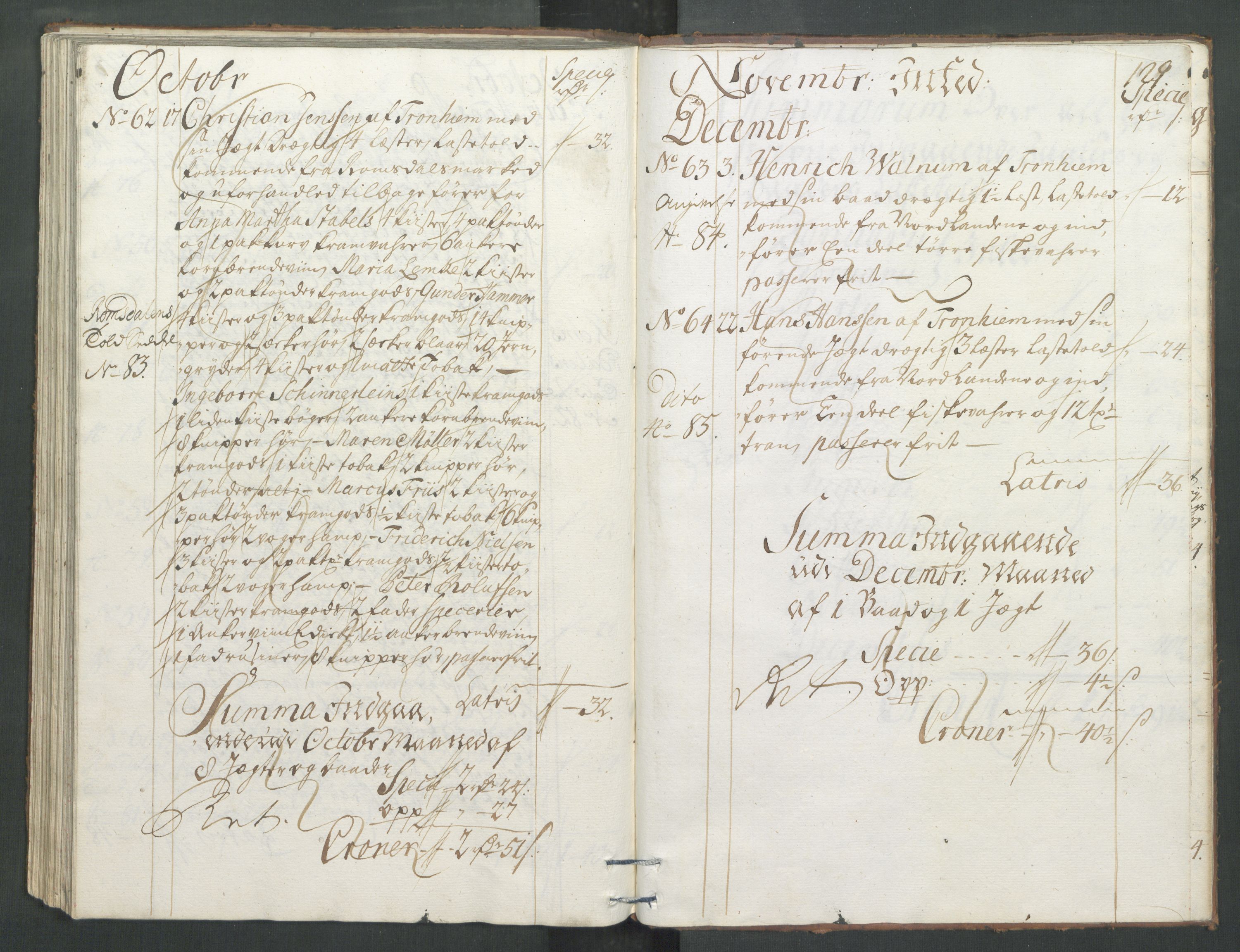 Generaltollkammeret, tollregnskaper, RA/EA-5490/R33/L0013/0001: Tollregnskaper Trondheim A / Inngående tollbok, 1731, p. 128b-129a