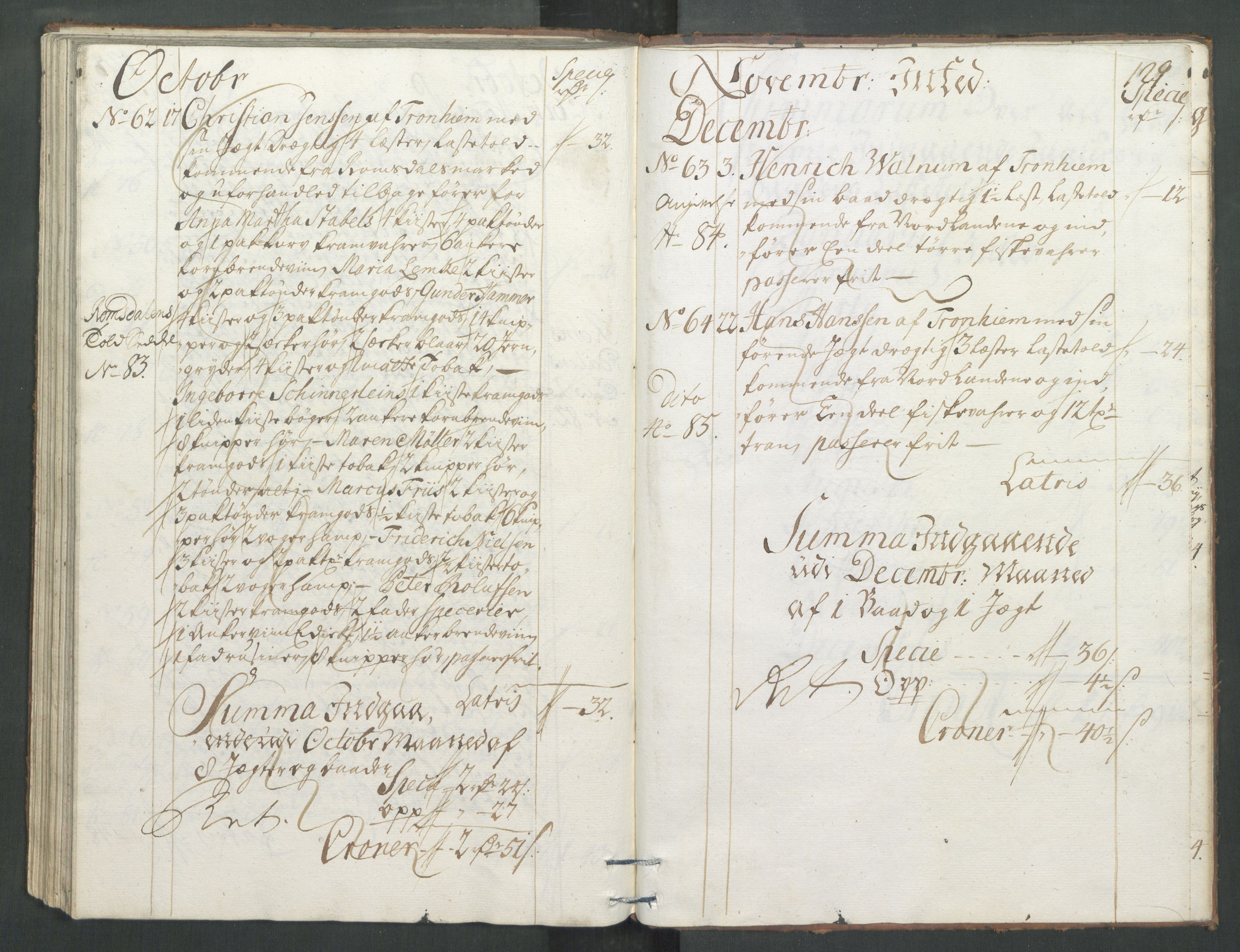 Generaltollkammeret, tollregnskaper, AV/RA-EA-5490/R33/L0013/0001: Tollregnskaper Trondheim A / Inngående tollbok, 1731, p. 128b-129a