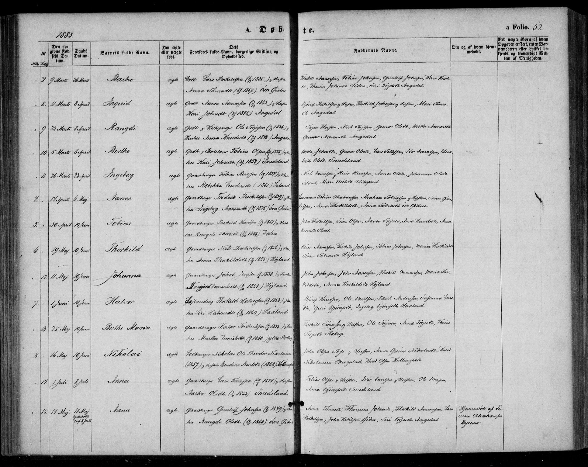 Bjelland sokneprestkontor, SAK/1111-0005/F/Fa/Fac/L0002: Parish register (official) no. A 2, 1866-1887, p. 52