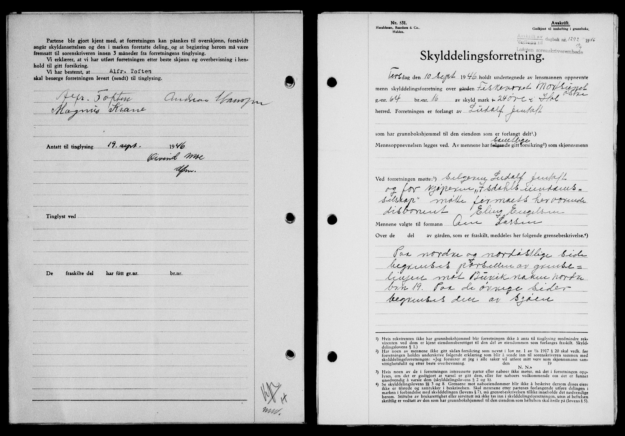 Lofoten sorenskriveri, SAT/A-0017/1/2/2C/L0014a: Mortgage book no. 14a, 1946-1946, Diary no: : 1292/1946