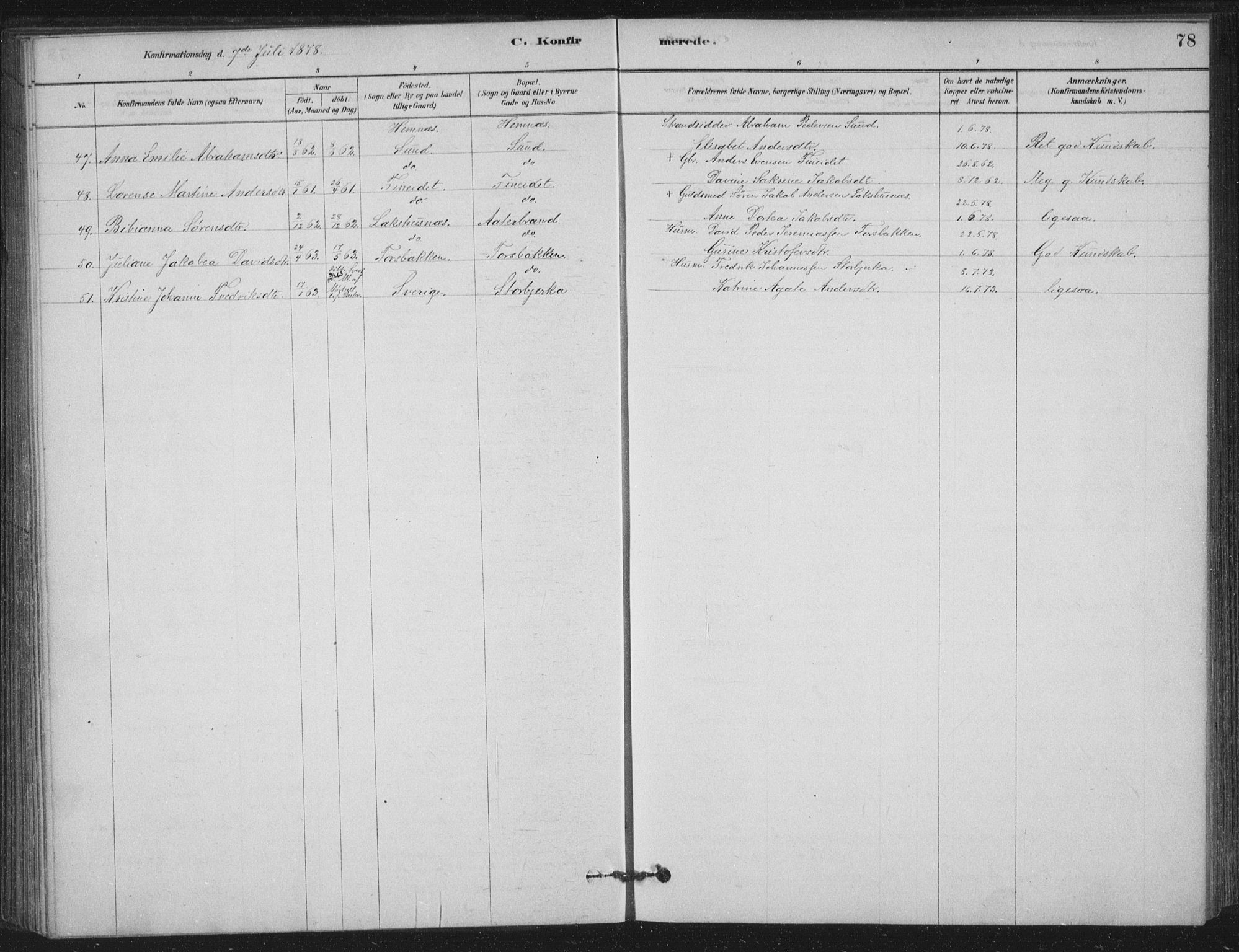 Ministerialprotokoller, klokkerbøker og fødselsregistre - Nordland, AV/SAT-A-1459/825/L0361: Parish register (official) no. 825A15, 1878-1893, p. 78