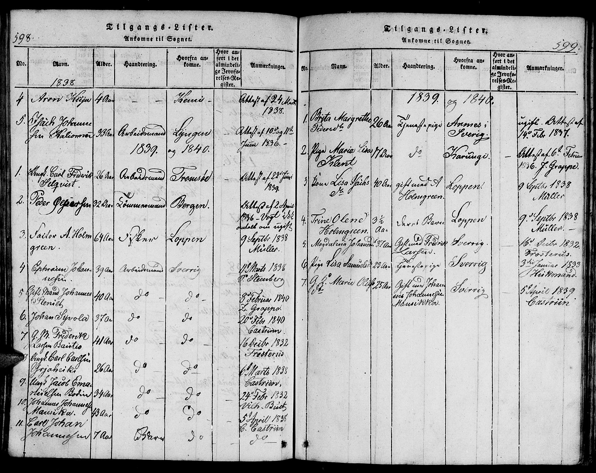 Hammerfest sokneprestkontor, AV/SATØ-S-1347/H/Hb/L0001.klokk: Parish register (copy) no. 1, 1822-1850, p. 598-599