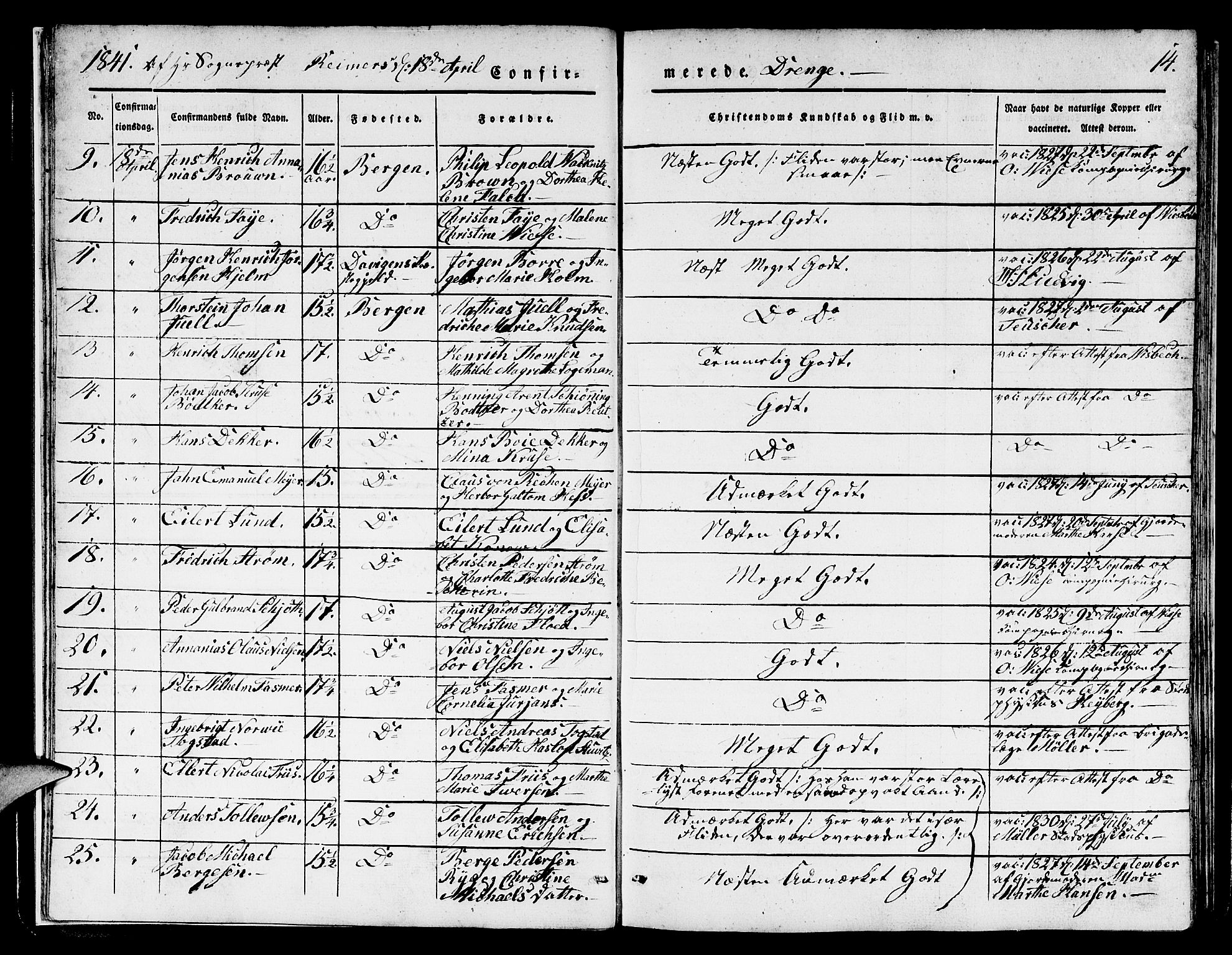 Domkirken sokneprestembete, SAB/A-74801/H/Hab/L0022: Parish register (copy) no. C 2, 1839-1854, p. 14