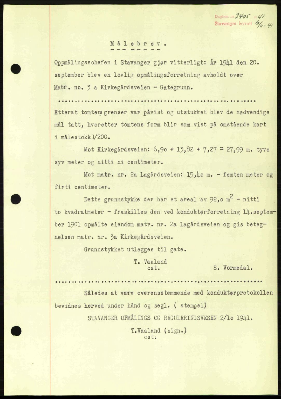 Stavanger byrett, SAST/A-100455/002/G/Gb/L0017: Mortgage book no. A7, 1941-1943, Diary no: : 2405/1941