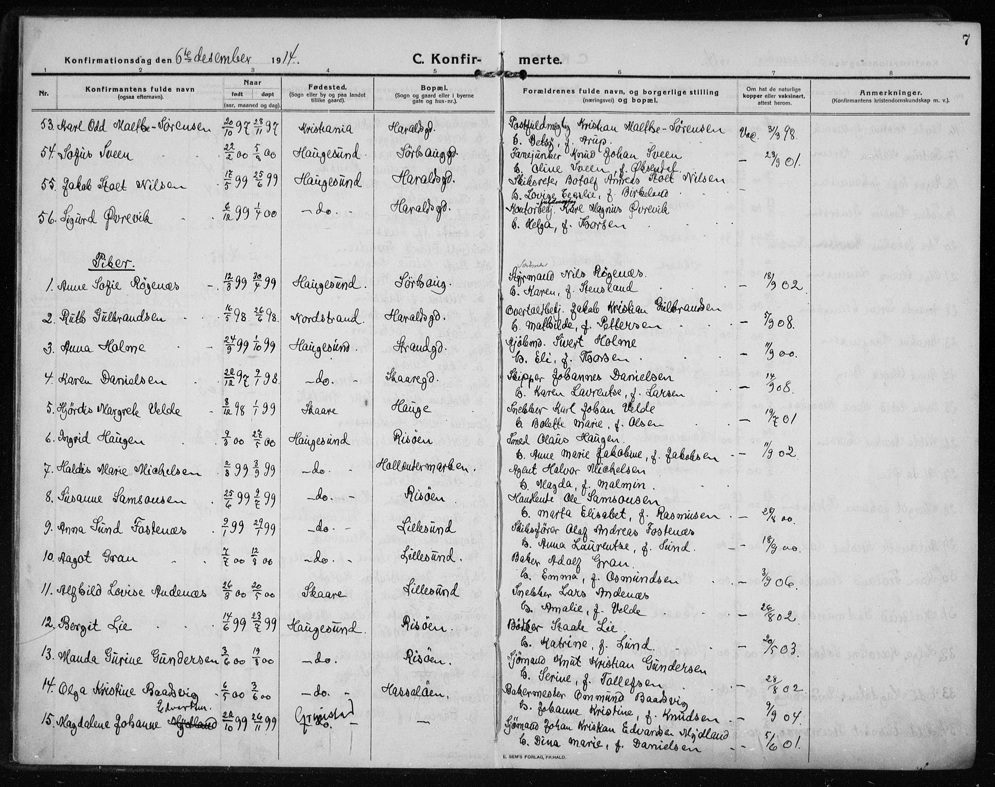 Haugesund sokneprestkontor, AV/SAST-A -101863/H/Ha/Haa/L0009: Parish register (official) no. A 9, 1914-1929, p. 7
