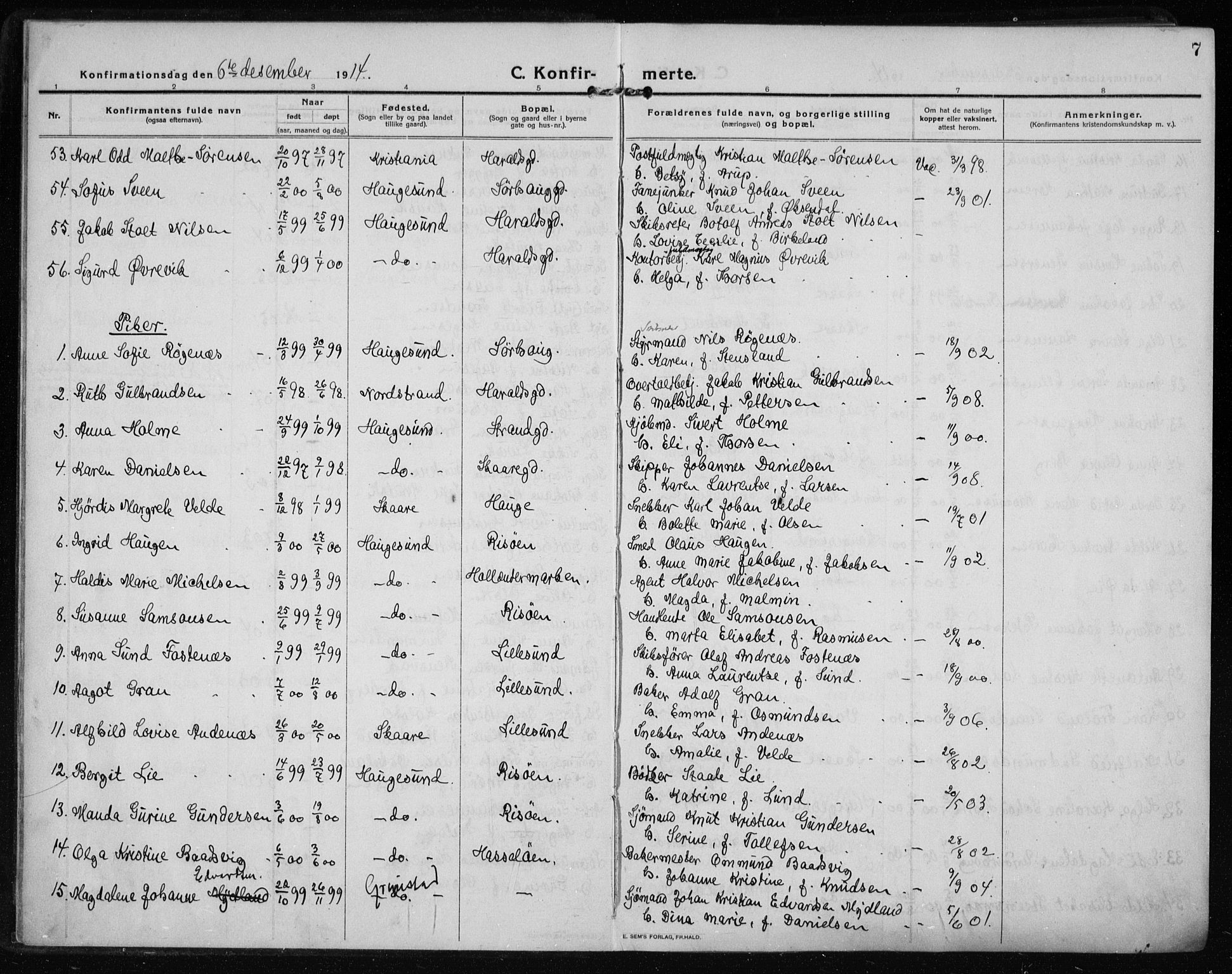 Haugesund sokneprestkontor, AV/SAST-A -101863/H/Ha/Haa/L0009: Parish register (official) no. A 9, 1914-1929, p. 7