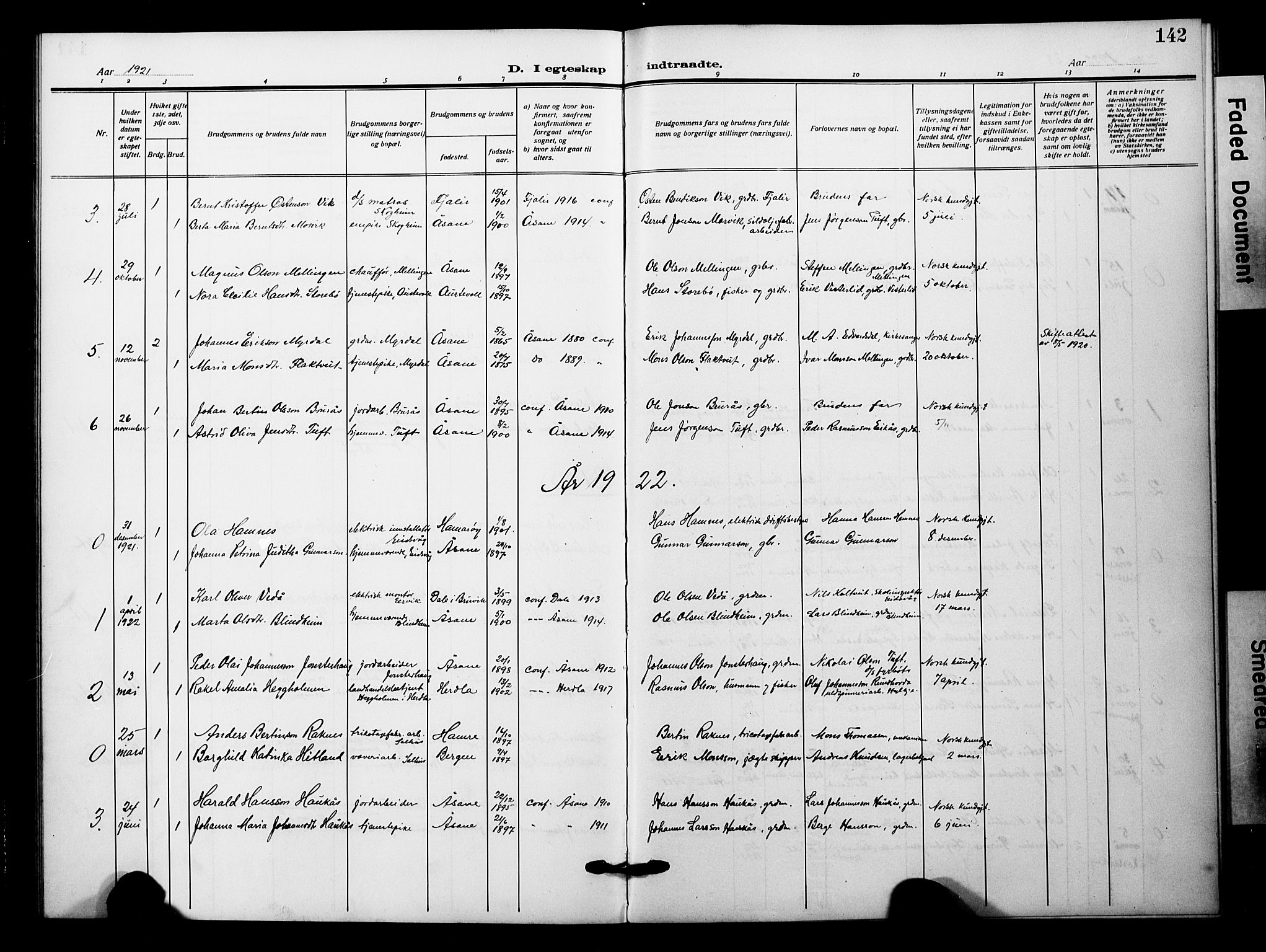 Åsane sokneprestembete, SAB/A-79401/H/Hab: Parish register (copy) no. A 4, 1915-1927, p. 142