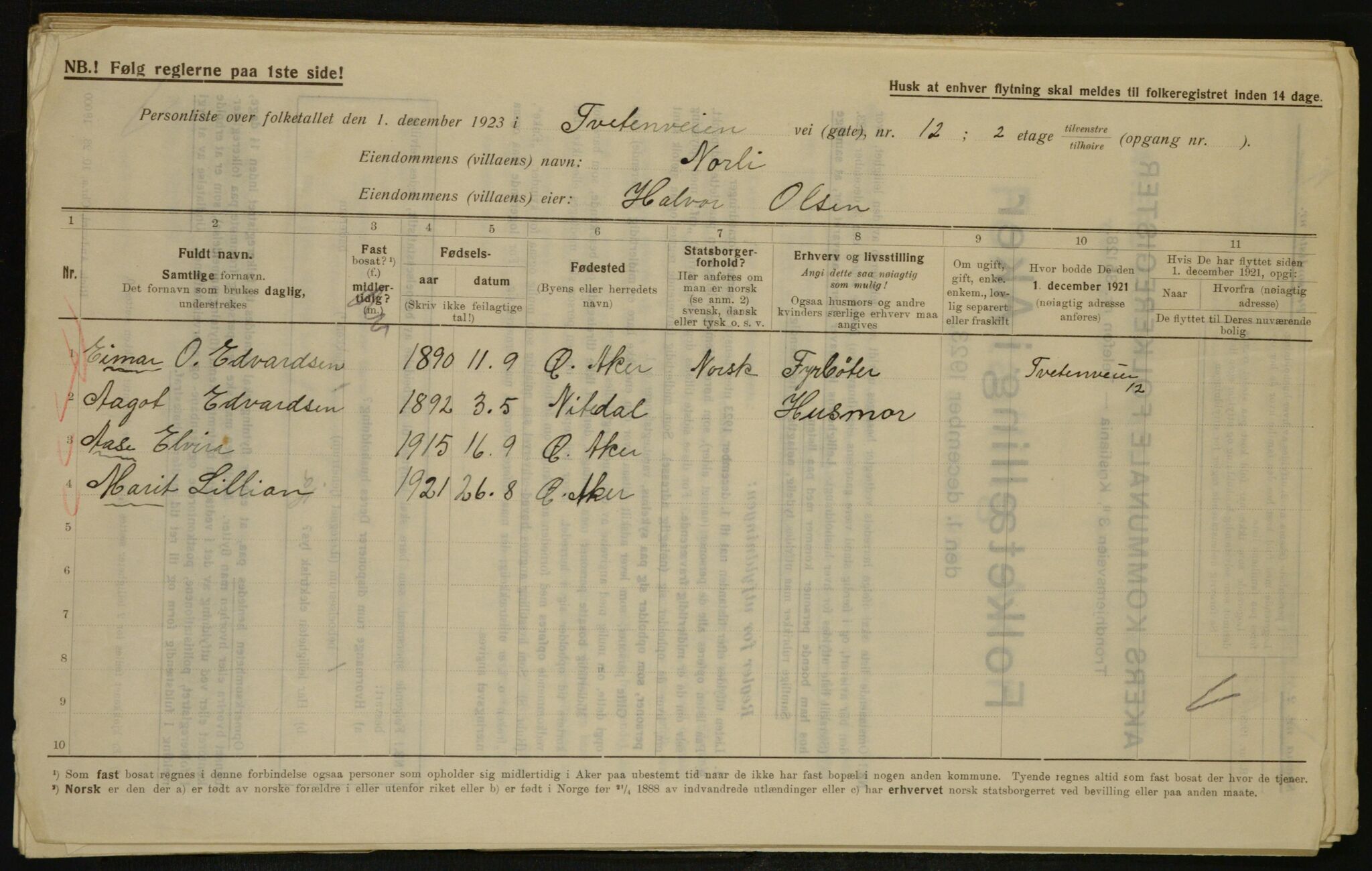 , Municipal Census 1923 for Aker, 1923, p. 34233