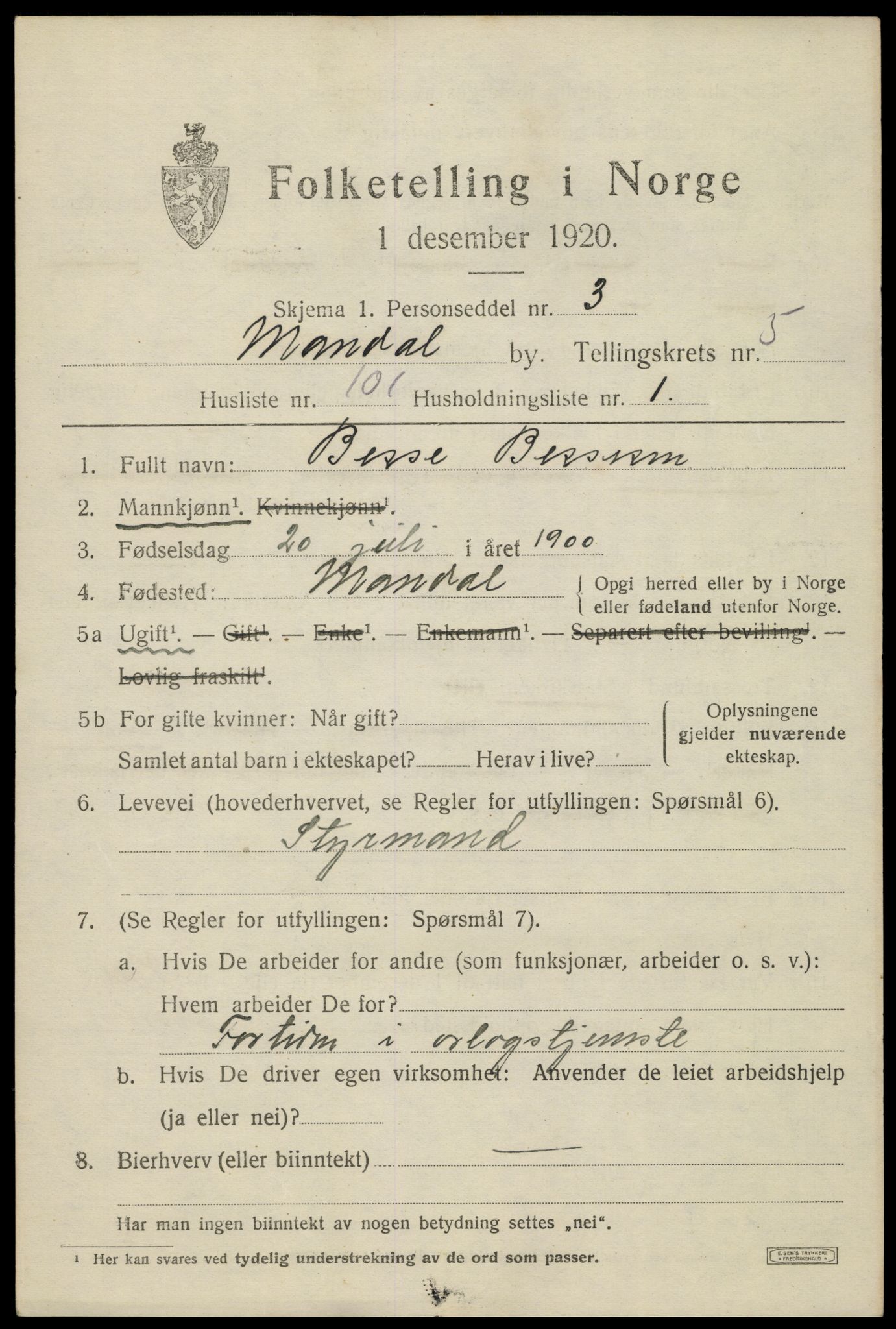 SAK, 1920 census for Mandal, 1920, p. 9105