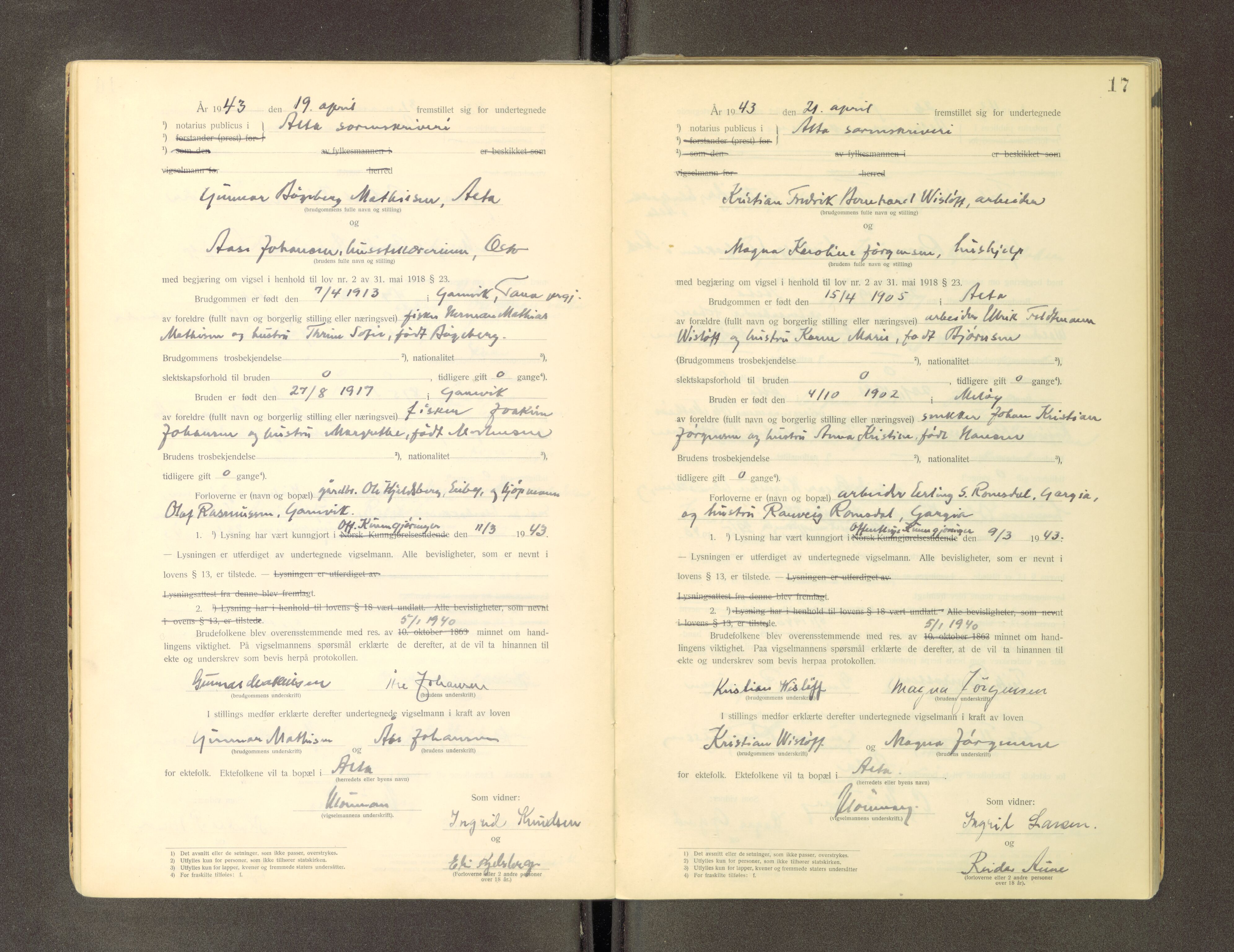 Alta fogderi/sorenskriveri, AV/SATØ-SATØ-5/3/Fd/L0034f: Vigselsprotokoll, 1920-1969, p. 17