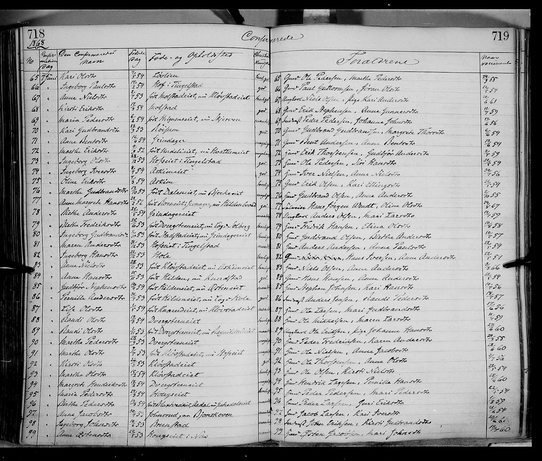 Gran prestekontor, SAH/PREST-112/H/Ha/Haa/L0012: Parish register (official) no. 12, 1856-1874, p. 718-719