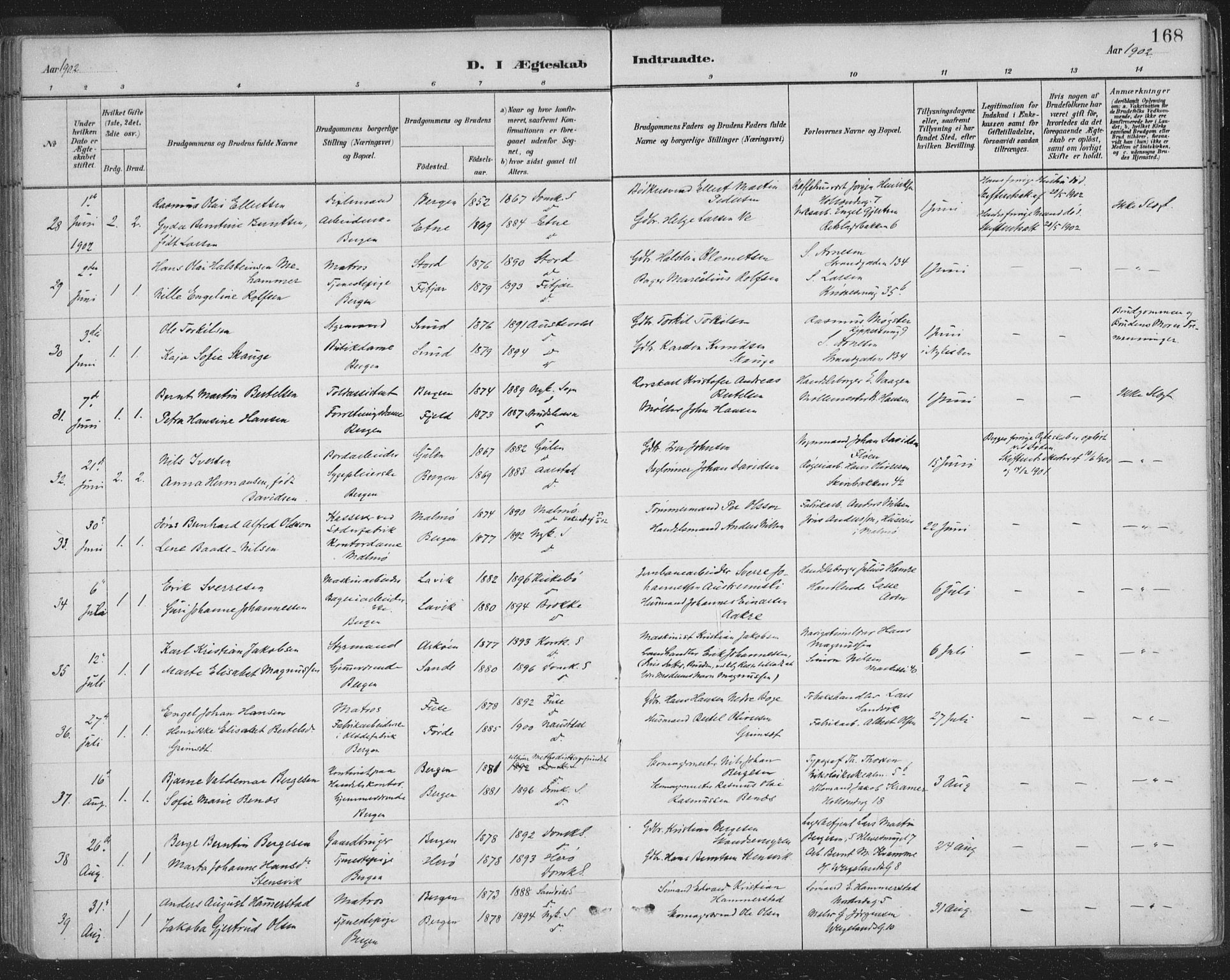 Domkirken sokneprestembete, AV/SAB-A-74801/H/Hab/L0032: Parish register (copy) no. D 4, 1880-1907, p. 168