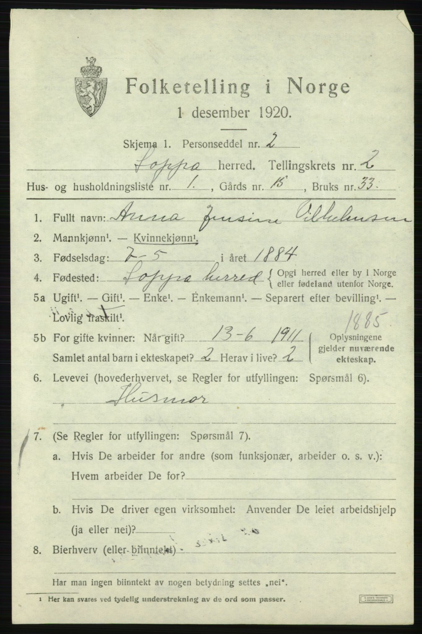 SATØ, 1920 census for Loppa, 1920, p. 820