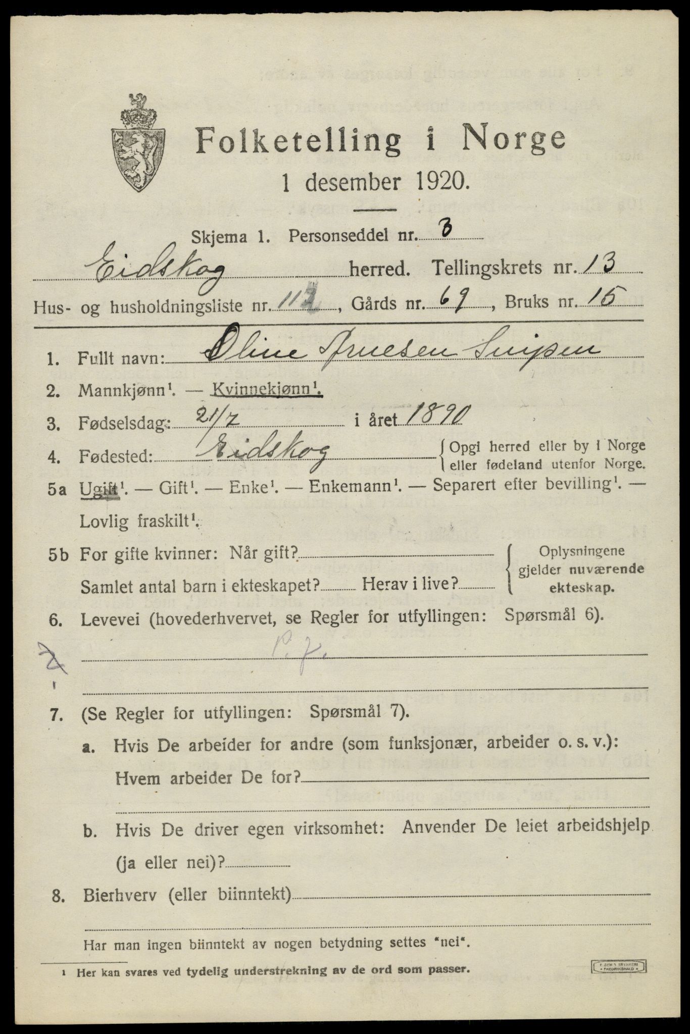SAH, 1920 census for Eidskog, 1920, p. 13315
