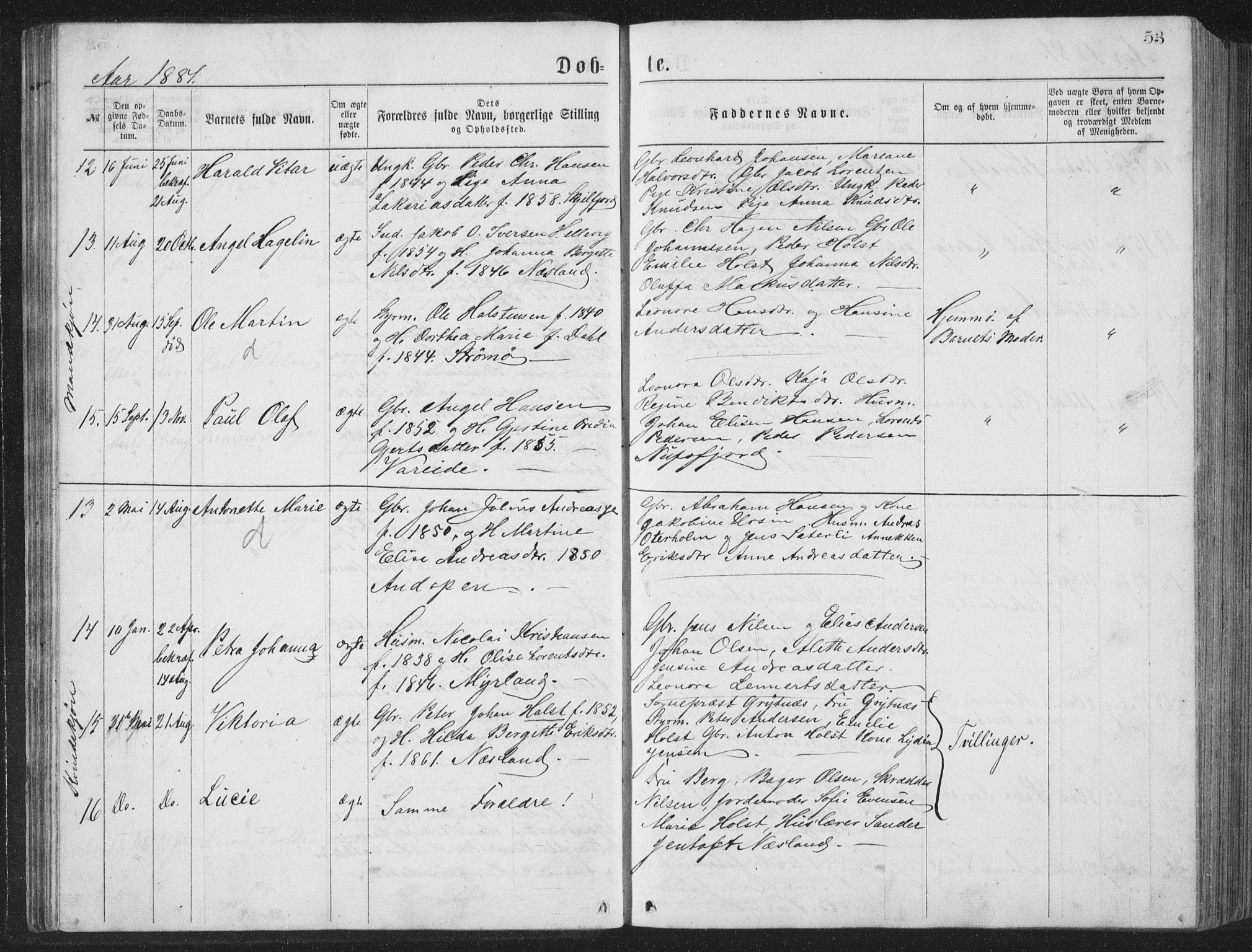 Ministerialprotokoller, klokkerbøker og fødselsregistre - Nordland, AV/SAT-A-1459/885/L1213: Parish register (copy) no. 885C02, 1874-1892, p. 53