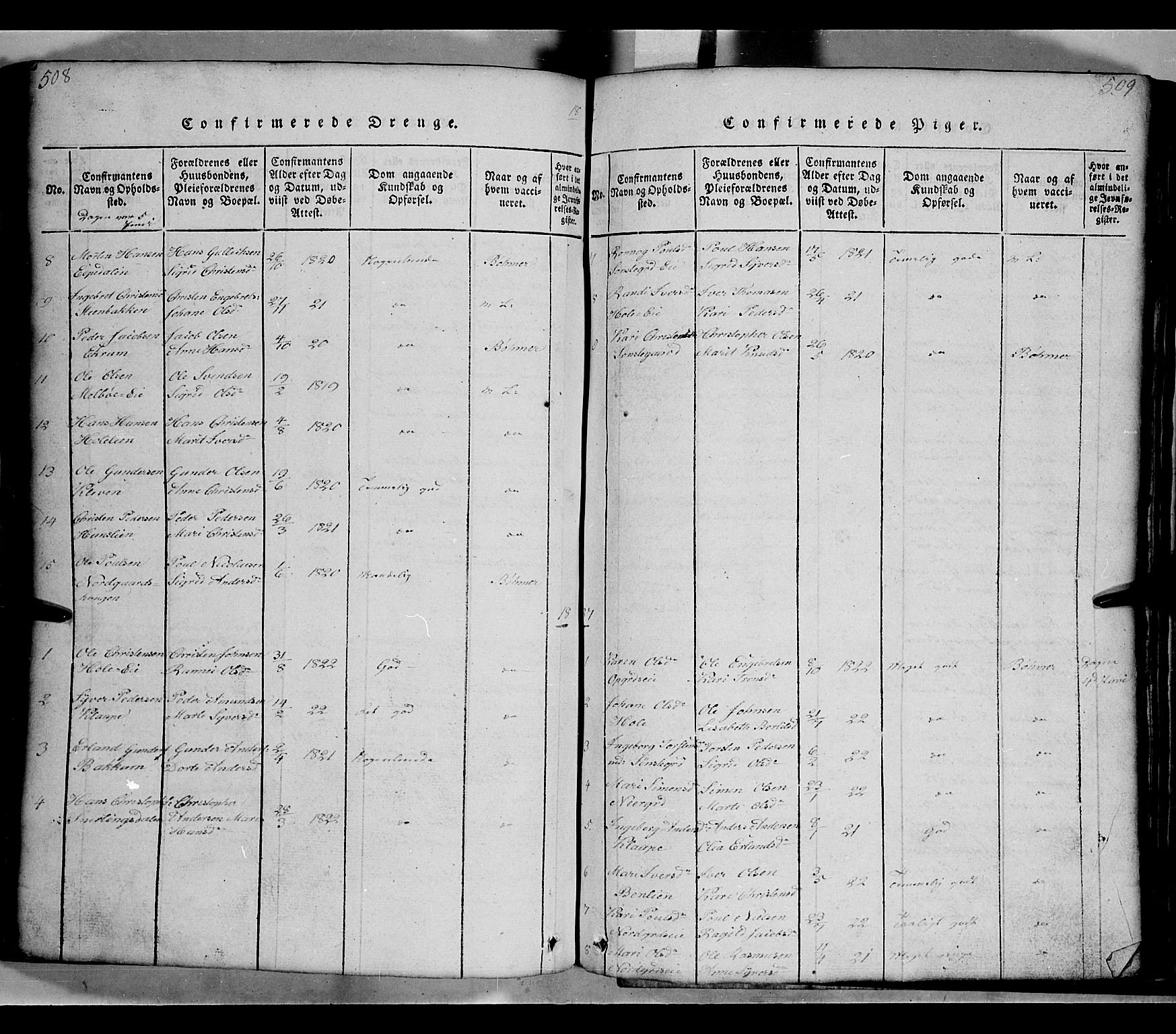 Gausdal prestekontor, SAH/PREST-090/H/Ha/Hab/L0002: Parish register (copy) no. 2, 1818-1874, p. 508-509