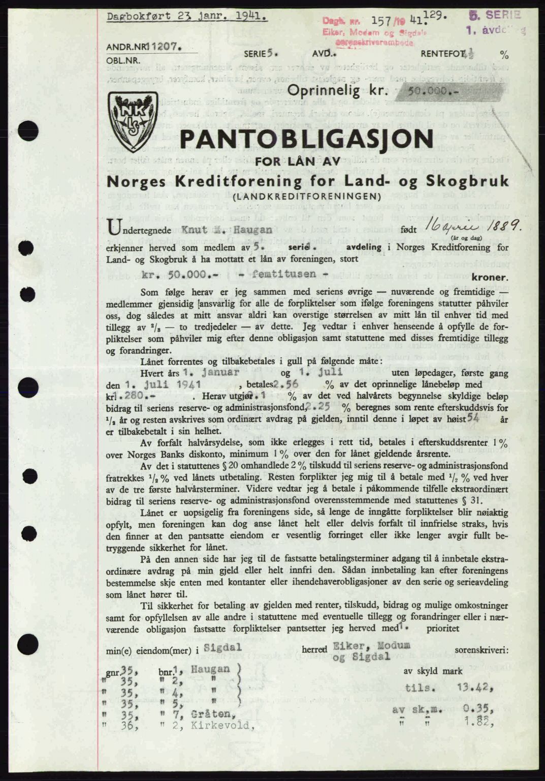 Eiker, Modum og Sigdal sorenskriveri, SAKO/A-123/G/Ga/Gab/L0043: Mortgage book no. A13, 1940-1941, Diary no: : 157/1941