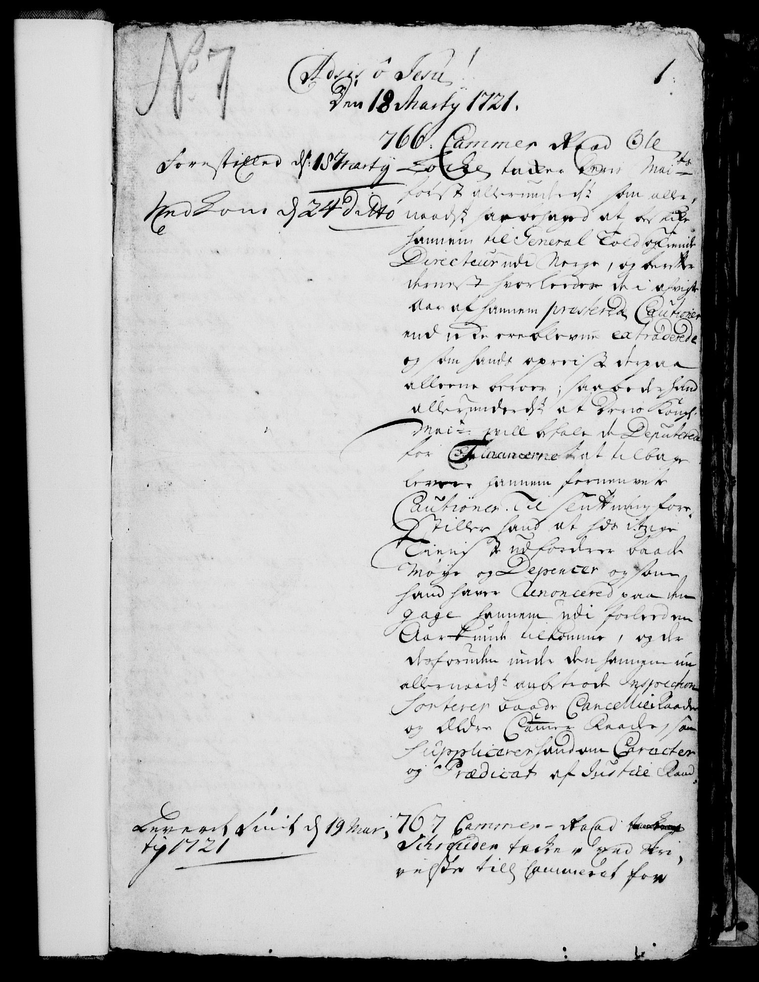 Rentekammeret, Kammerkanselliet, RA/EA-3111/G/Gh/Gha/L0004: Norsk ekstraktmemorialprotokoll, sak. 766-941 (merket RK 53.49), 1721, p. 1