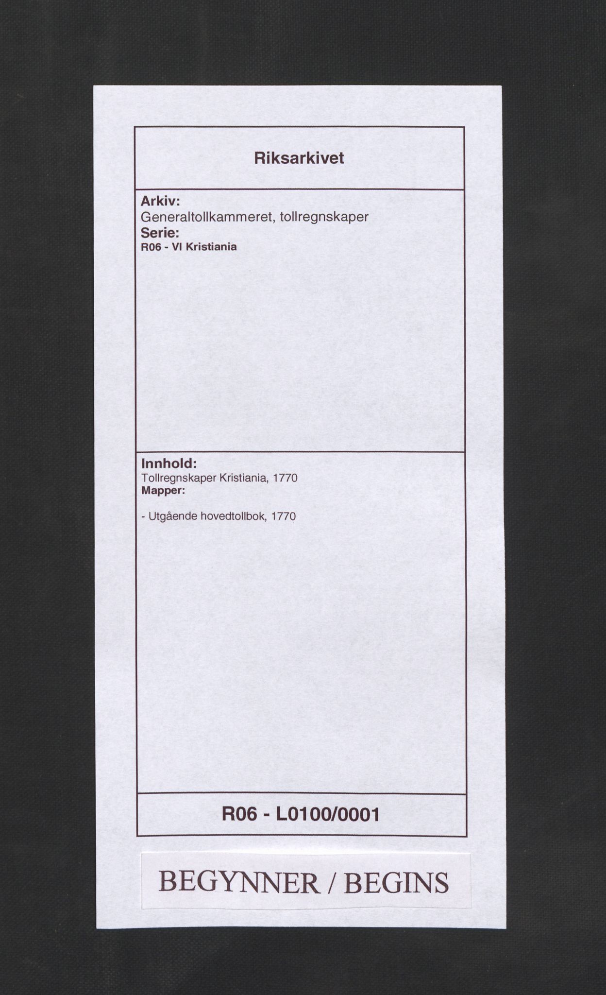 Generaltollkammeret, tollregnskaper, RA/EA-5490/R06/L0100/0001: Tollregnskaper Kristiania / Utgående hovedtollbok, 1770
