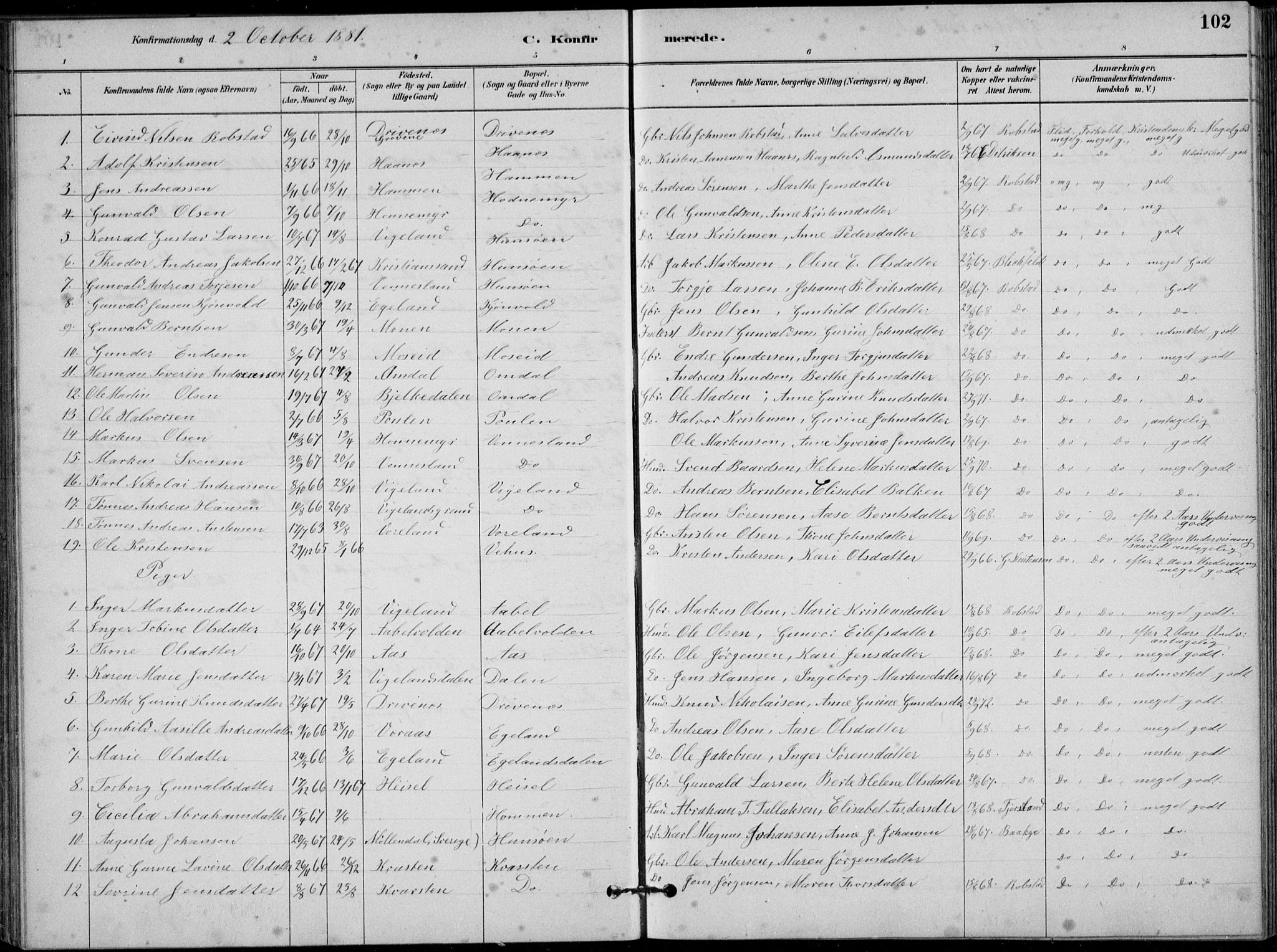 Vennesla sokneprestkontor, AV/SAK-1111-0045/Fb/Fbb/L0003: Parish register (copy) no. B 3, 1879-1893, p. 102