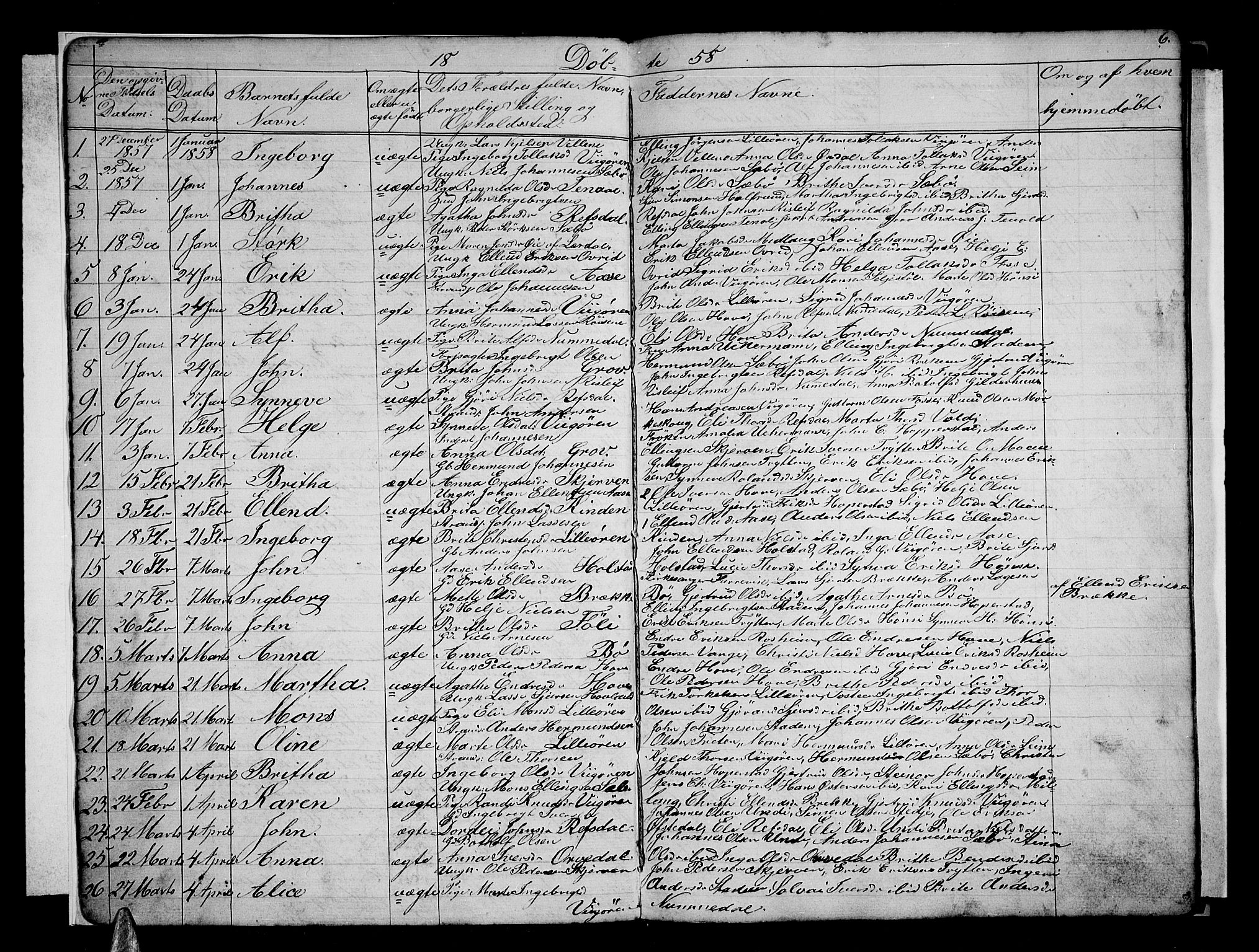 Vik sokneprestembete, AV/SAB-A-81501/H/Hab/Haba/L0002: Parish register (copy) no. A 2, 1856-1877, p. 6