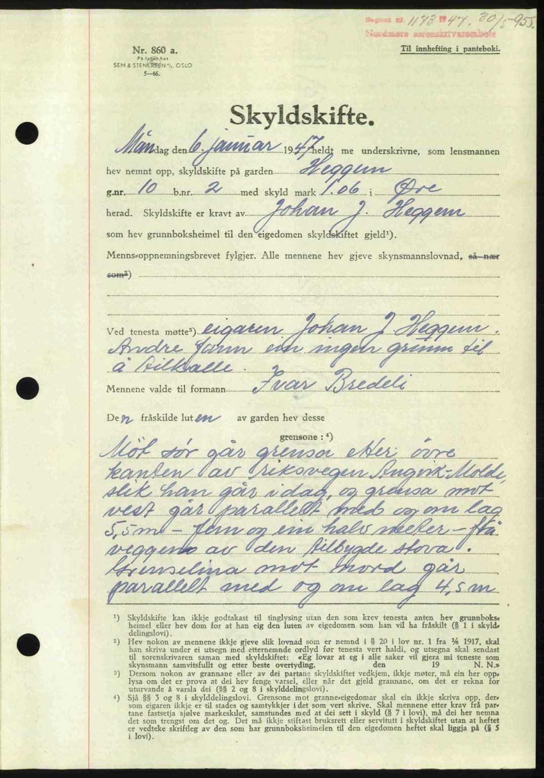 Nordmøre sorenskriveri, AV/SAT-A-4132/1/2/2Ca: Mortgage book no. A104, 1947-1947, Diary no: : 1173/1947