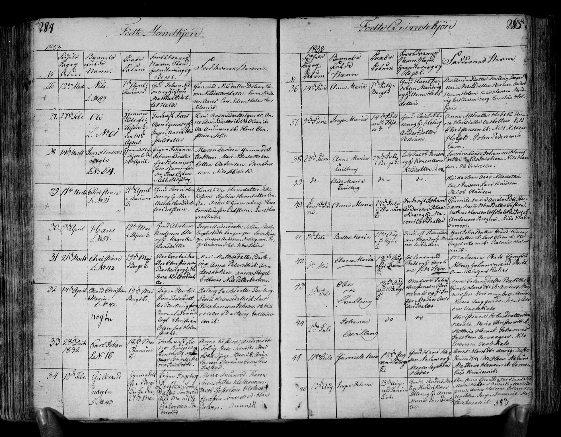 Brunlanes kirkebøker, SAKO/A-342/F/Fa/L0002: Parish register (official) no. I 2, 1802-1834, p. 284-285