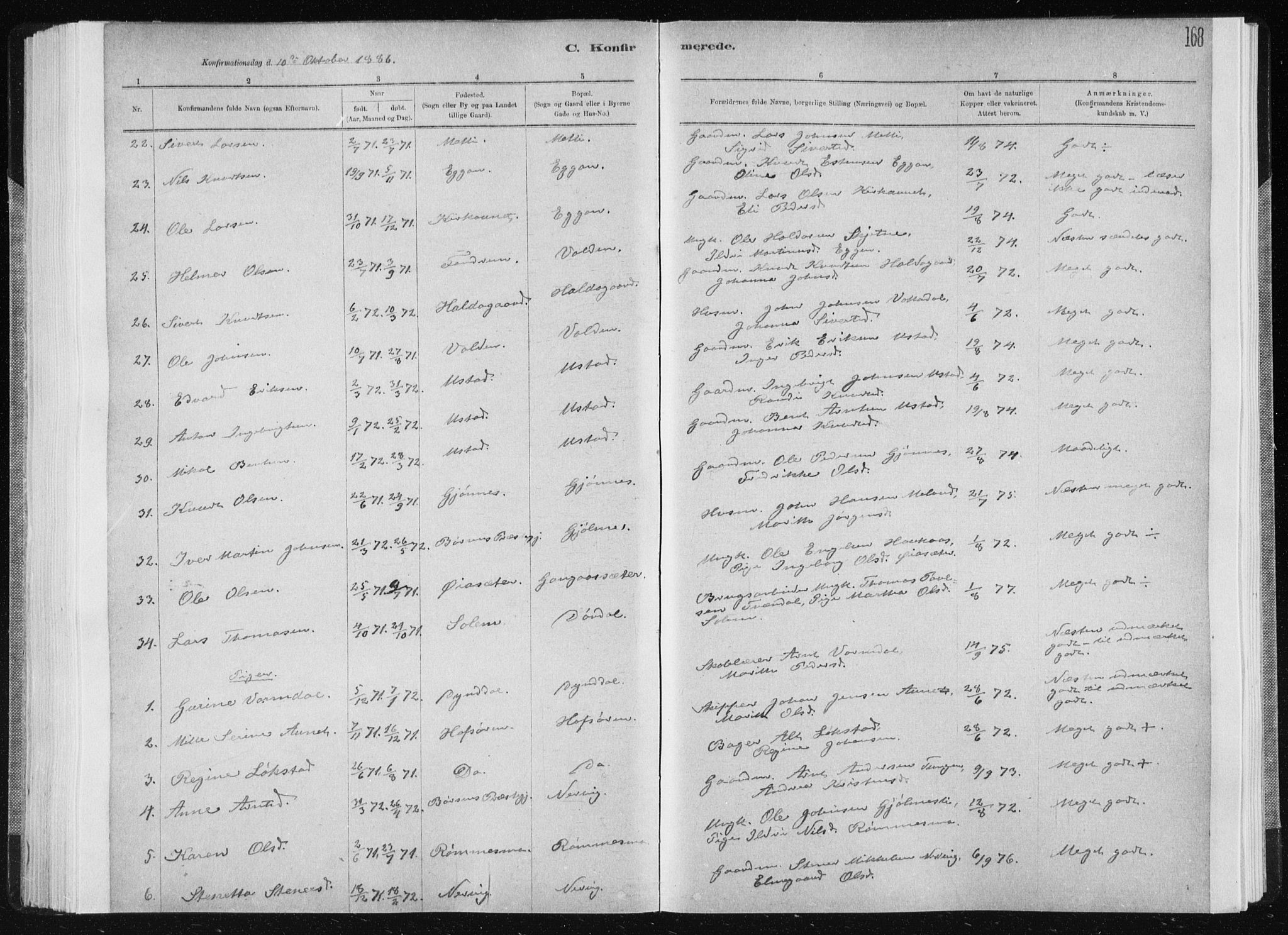 Ministerialprotokoller, klokkerbøker og fødselsregistre - Sør-Trøndelag, SAT/A-1456/668/L0818: Parish register (copy) no. 668C07, 1885-1898, p. 168