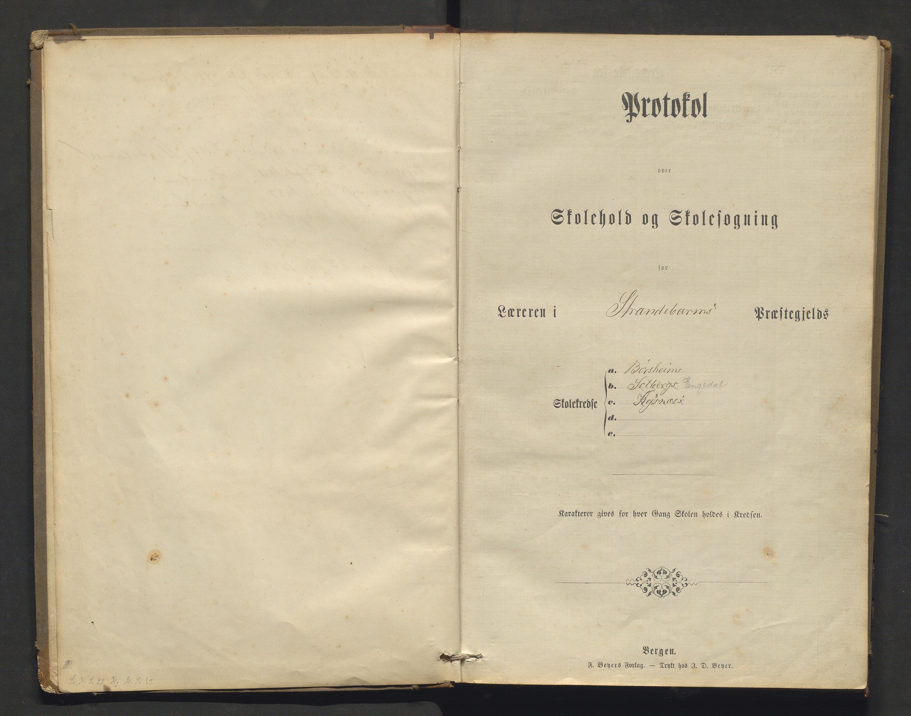 Strandebarm kommune. Barneskulane, IKAH/1226-231/F/Fa/L0003: Skuleprotokoll for Børsheim, Solberg, Engedal og Kysnes krinsar, 1873-1888