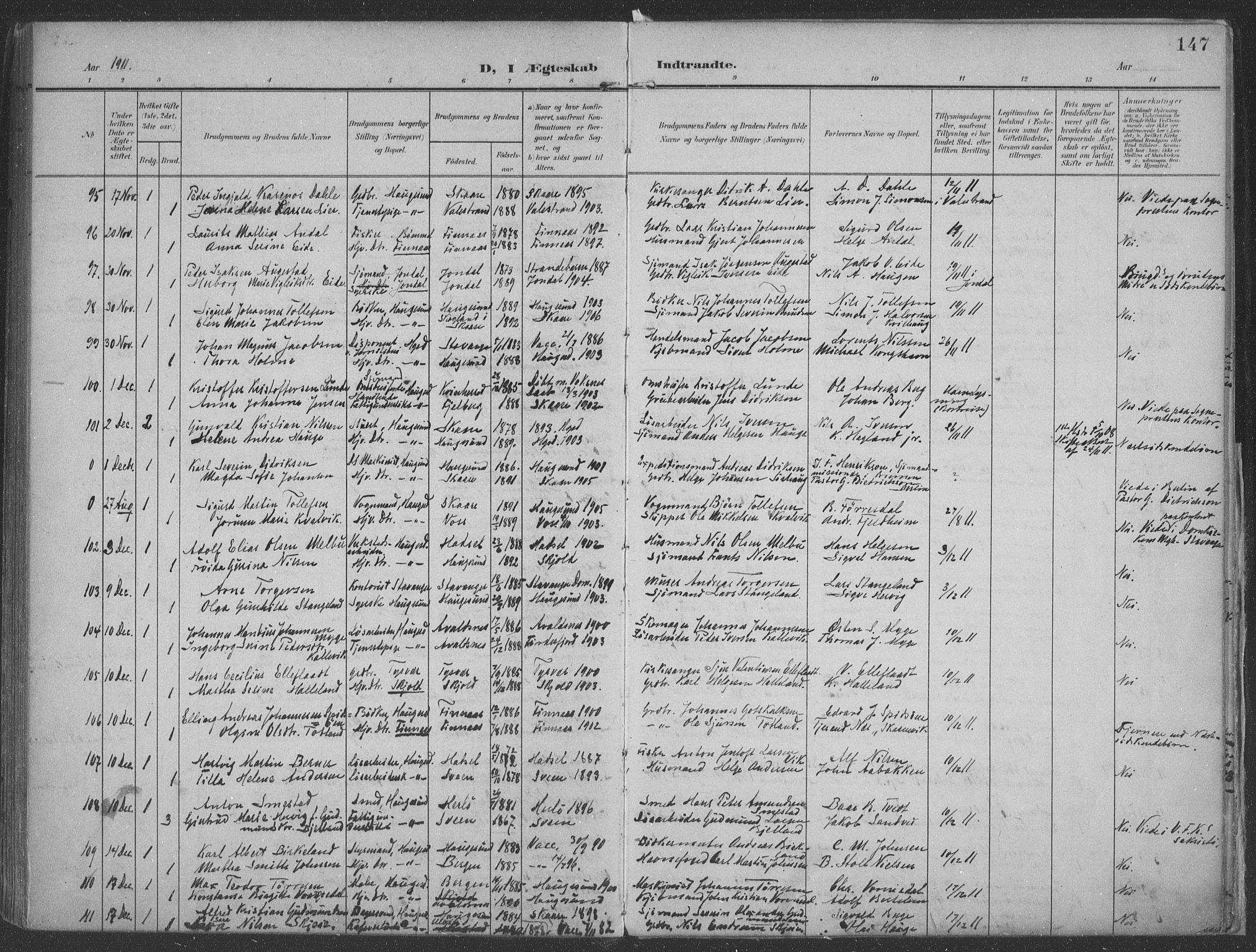 Haugesund sokneprestkontor, AV/SAST-A -101863/H/Ha/Haa/L0007: Parish register (official) no. A 7, 1904-1916, p. 147