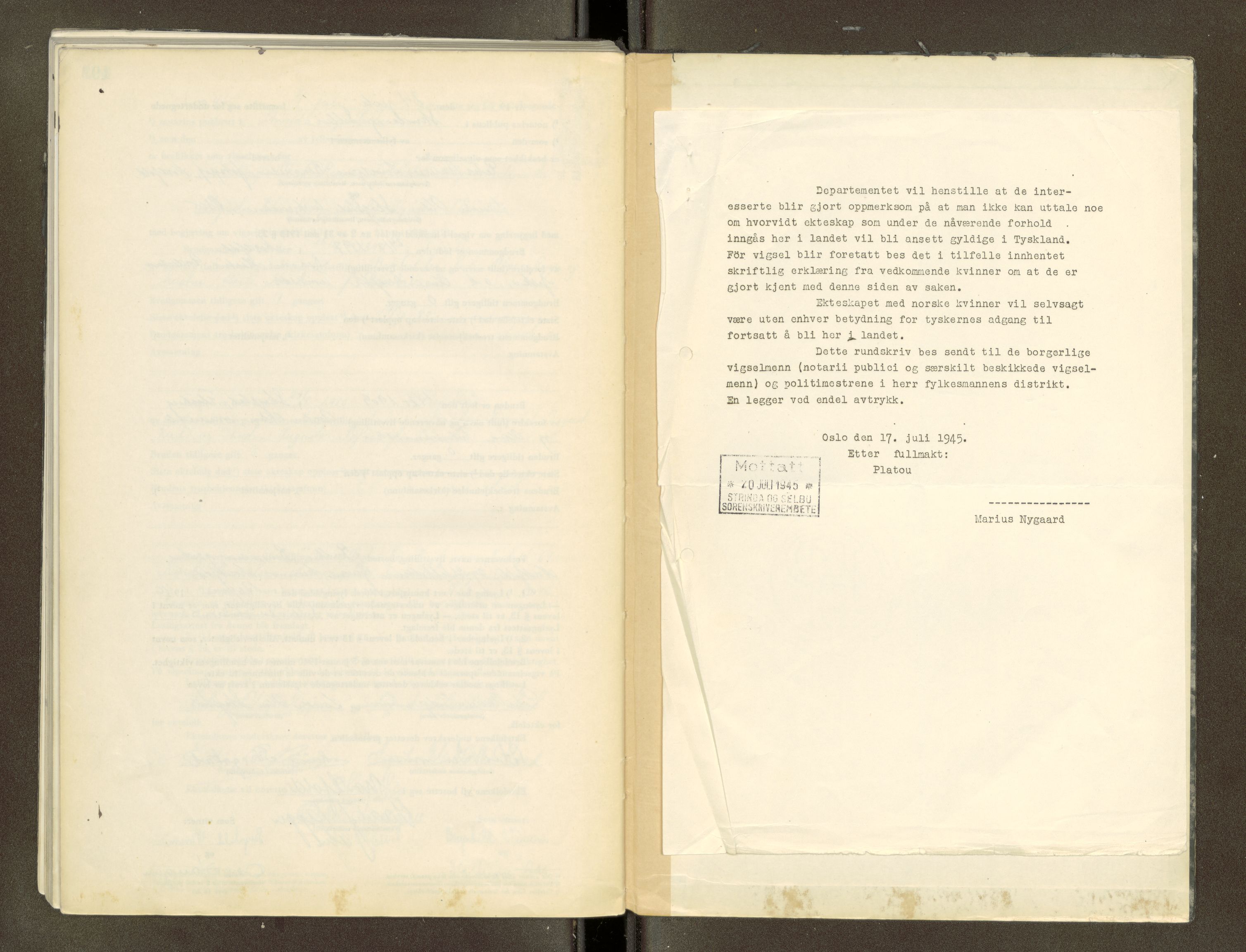Strinda og Selbu sorenskriveri, SAT/A-0015/6/6D/L0008: Vigselsbok, 1945-1946
