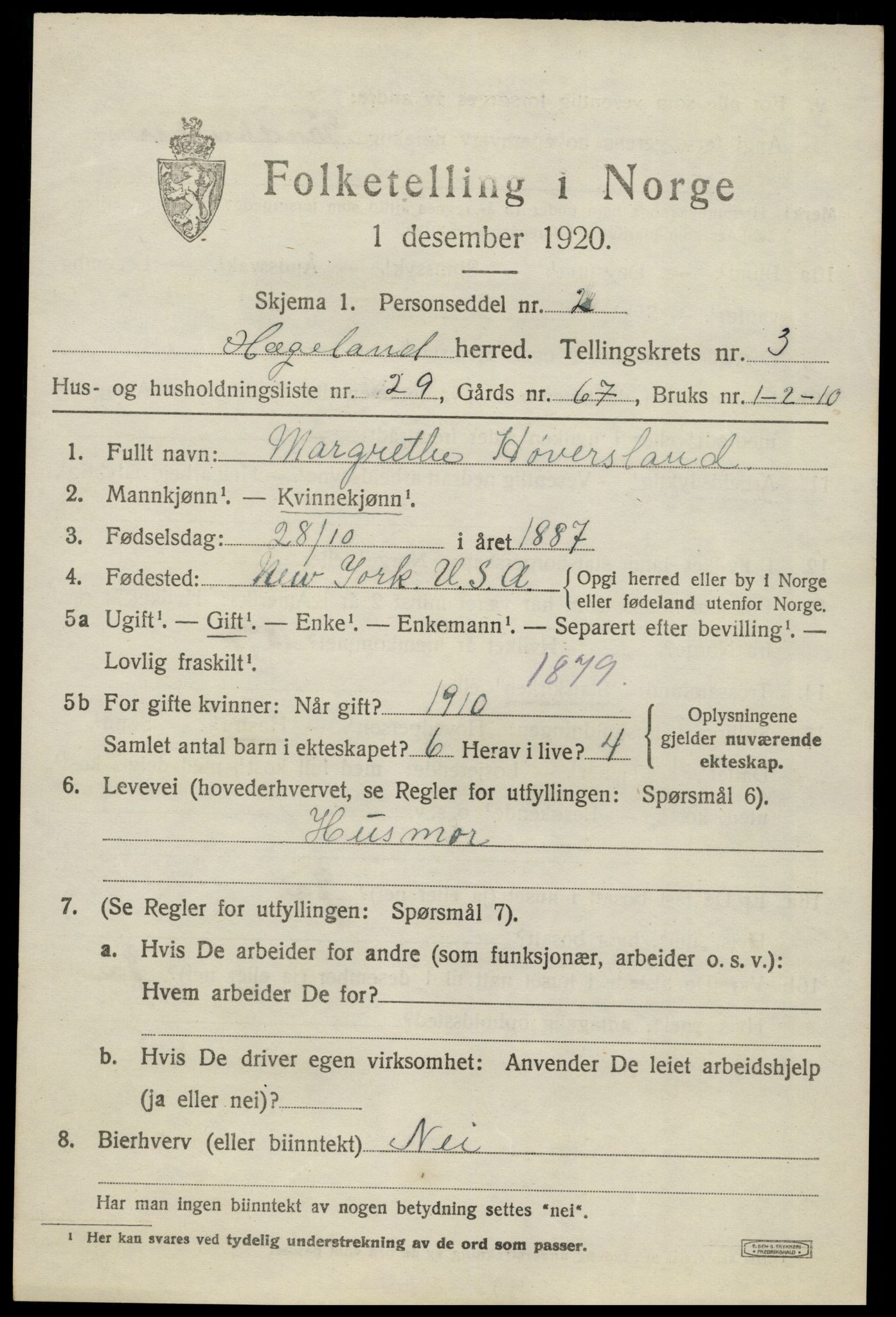 SAK, 1920 census for Hægeland, 1920, p. 1299