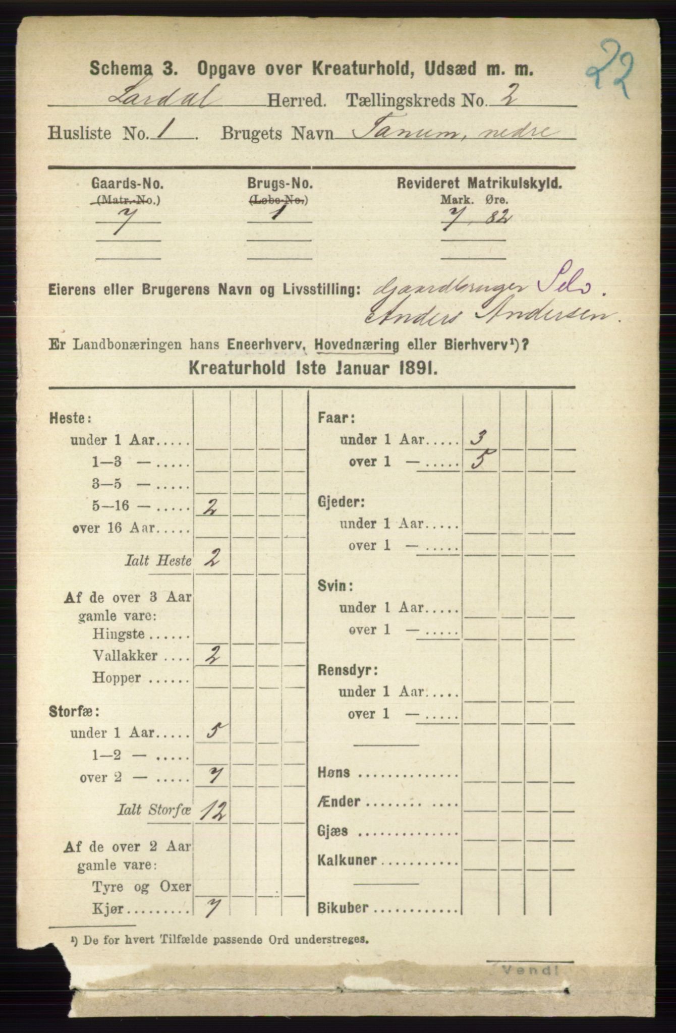 RA, 1891 census for 0728 Lardal, 1891, p. 3421