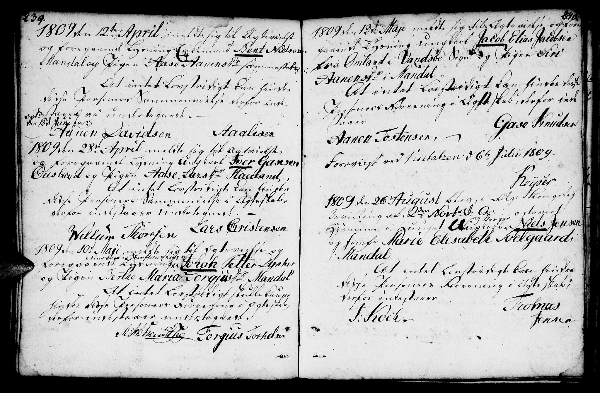 Mandal sokneprestkontor, AV/SAK-1111-0030/F/Fa/Faa/L0007: Parish register (official) no. A 7, 1783-1818, p. 239-240