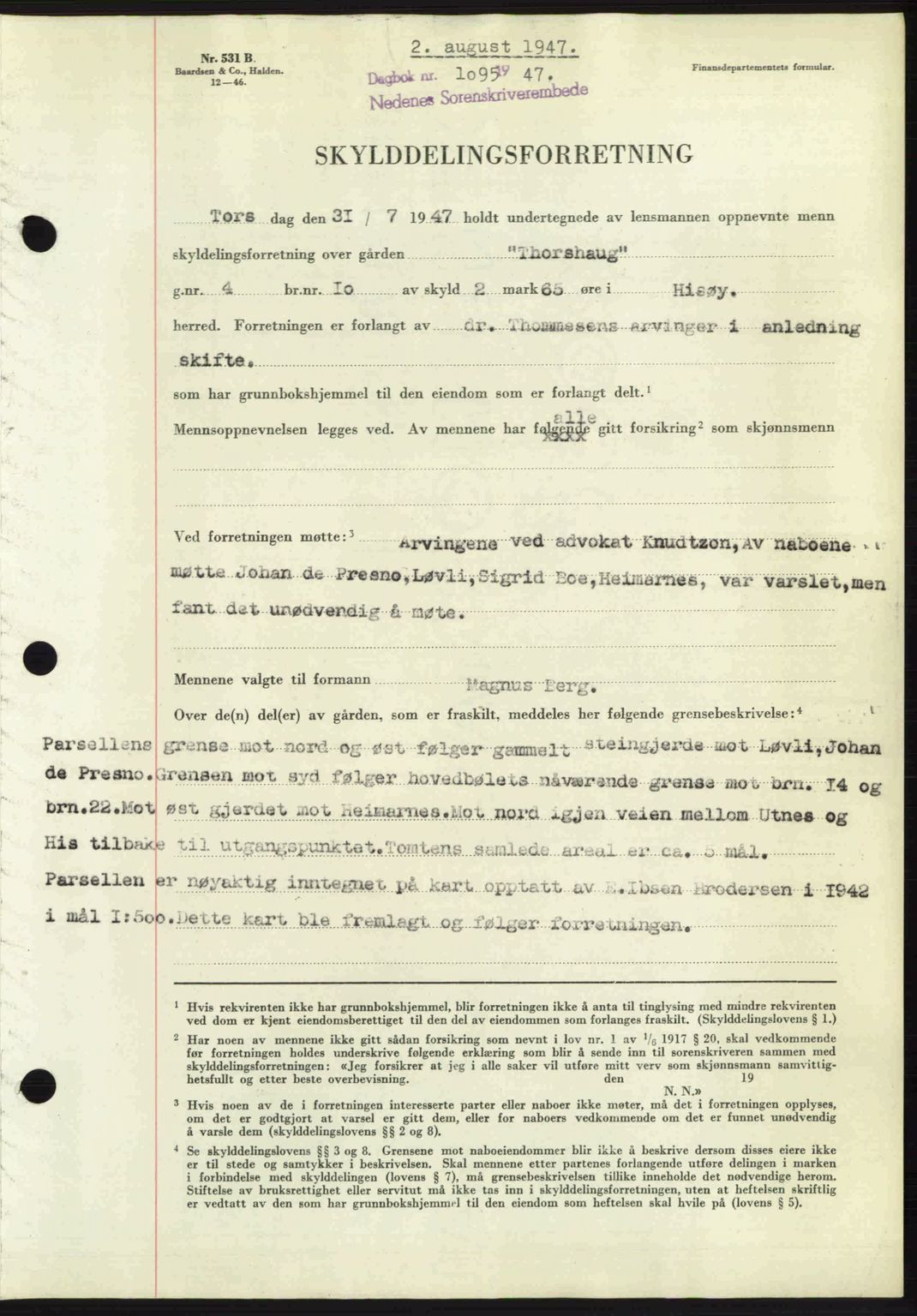 Nedenes sorenskriveri, SAK/1221-0006/G/Gb/Gba/L0057: Mortgage book no. A9, 1947-1947, Diary no: : 1095/1947