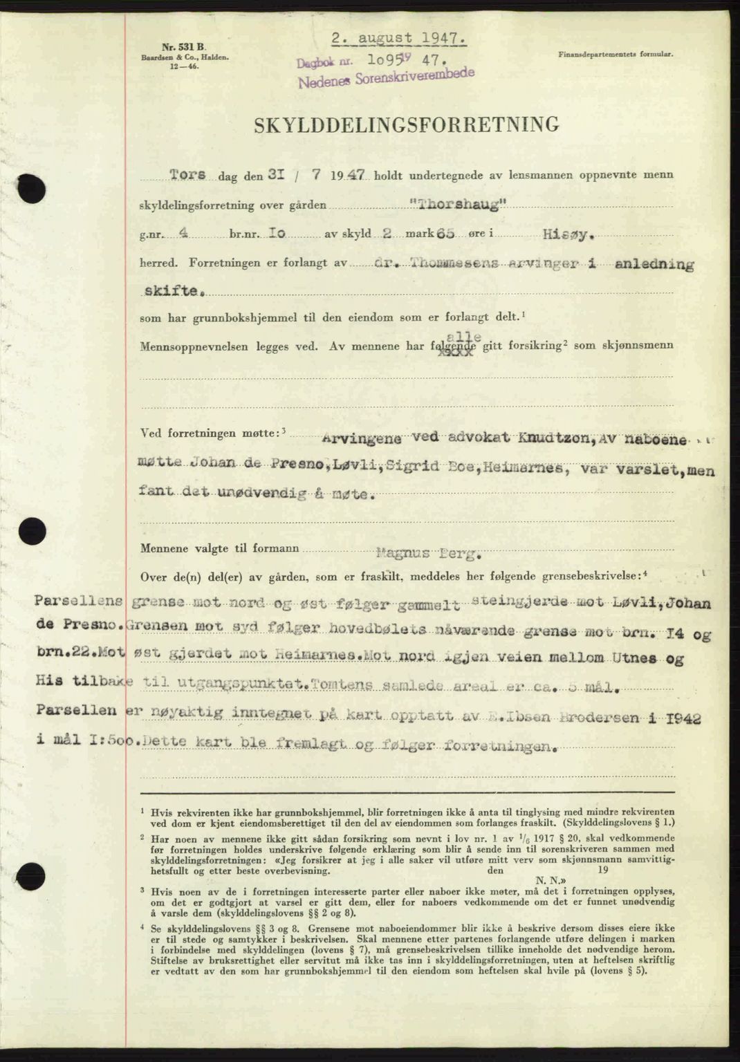 Nedenes sorenskriveri, AV/SAK-1221-0006/G/Gb/Gba/L0057: Mortgage book no. A9, 1947-1947, Diary no: : 1095/1947