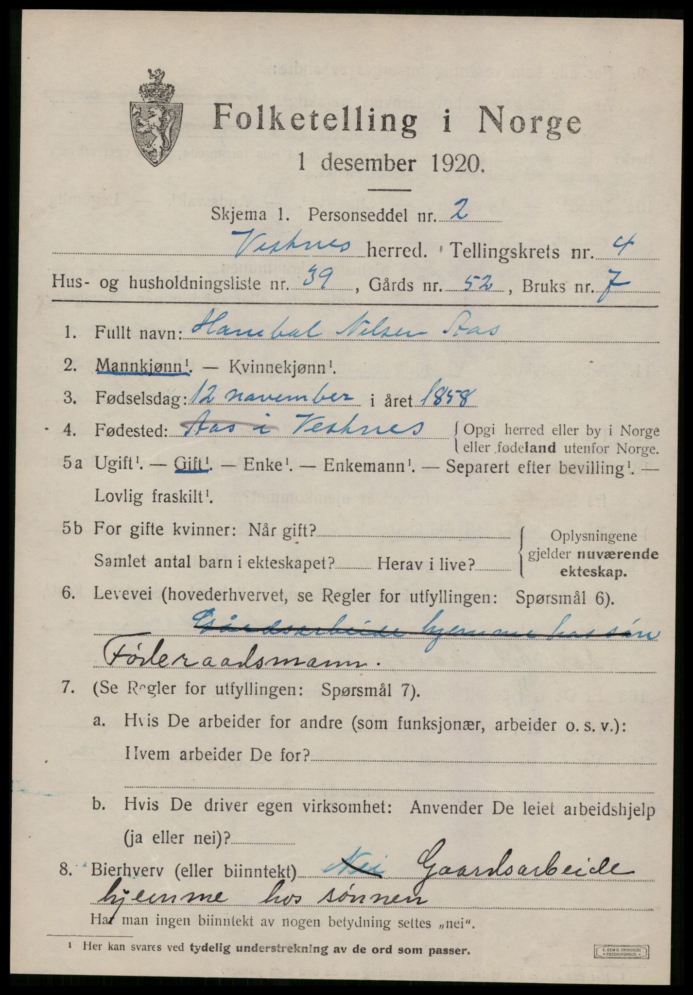 SAT, 1920 census for Vestnes, 1920, p. 3741