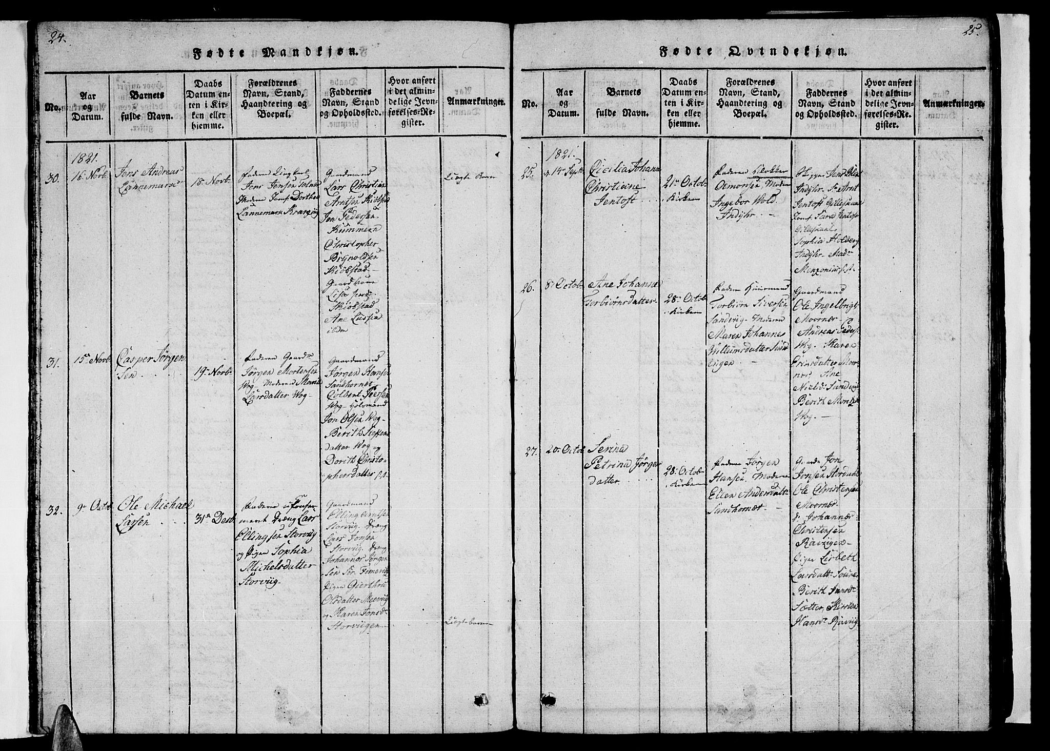 Ministerialprotokoller, klokkerbøker og fødselsregistre - Nordland, SAT/A-1459/805/L0105: Parish register (copy) no. 805C01, 1820-1839, p. 24-25