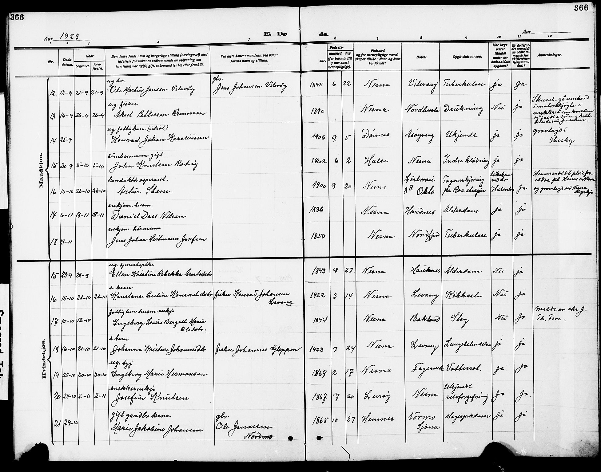 Ministerialprotokoller, klokkerbøker og fødselsregistre - Nordland, AV/SAT-A-1459/838/L0560: Parish register (copy) no. 838C07, 1910-1928, p. 366