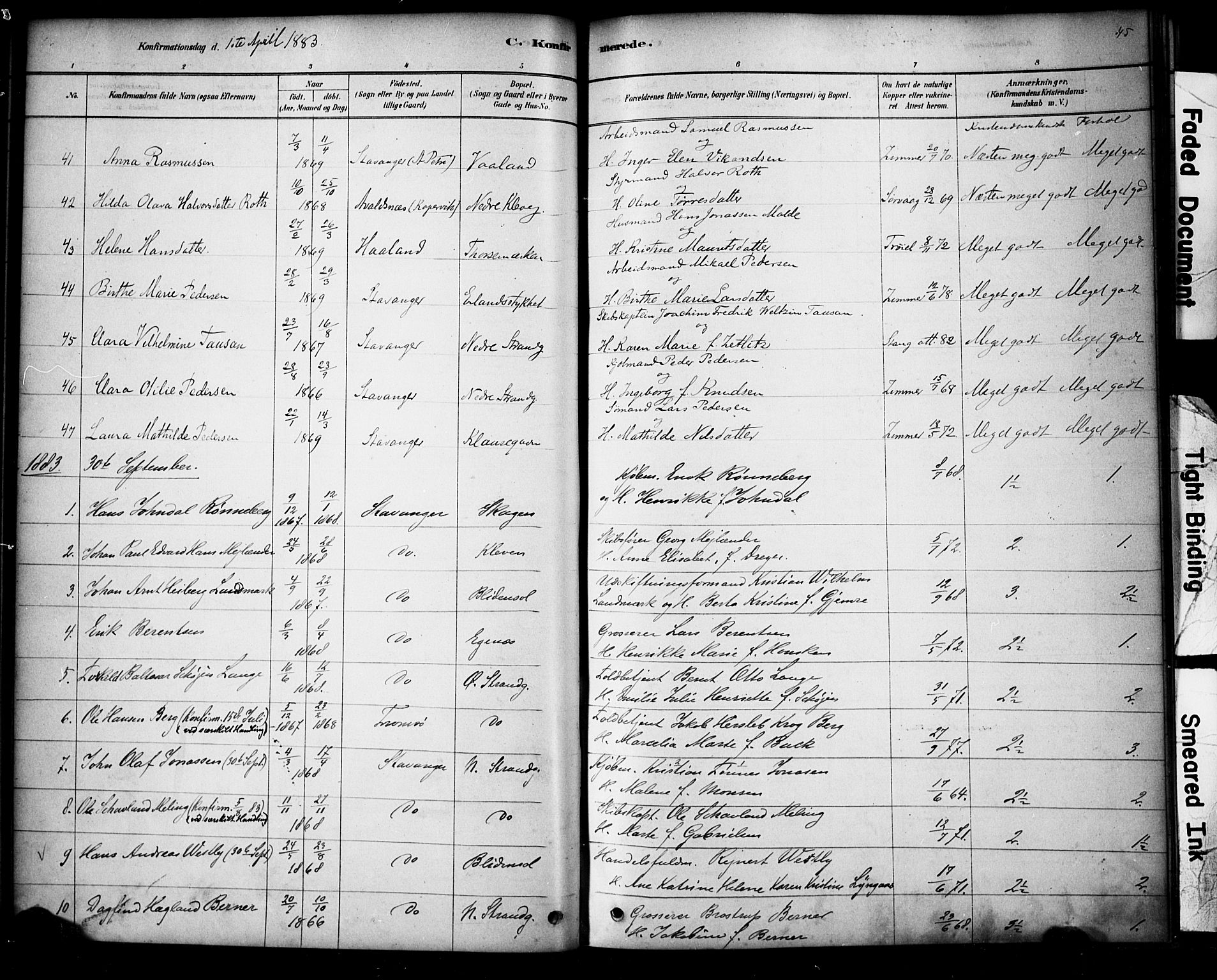 Domkirken sokneprestkontor, AV/SAST-A-101812/001/30/30BA/L0028: Parish register (official) no. A 27, 1878-1896, p. 45