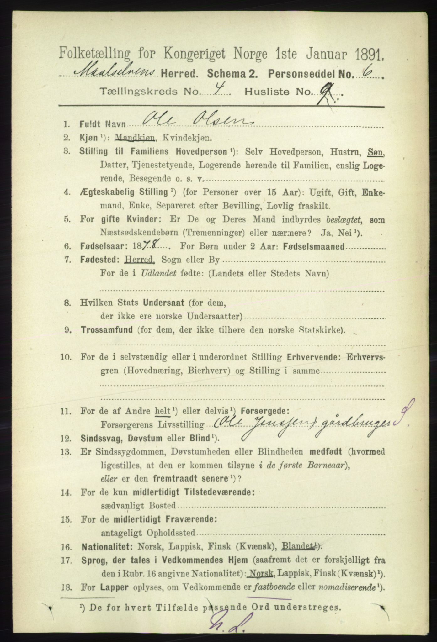 RA, 1891 census for 1924 Målselv, 1891, p. 1138