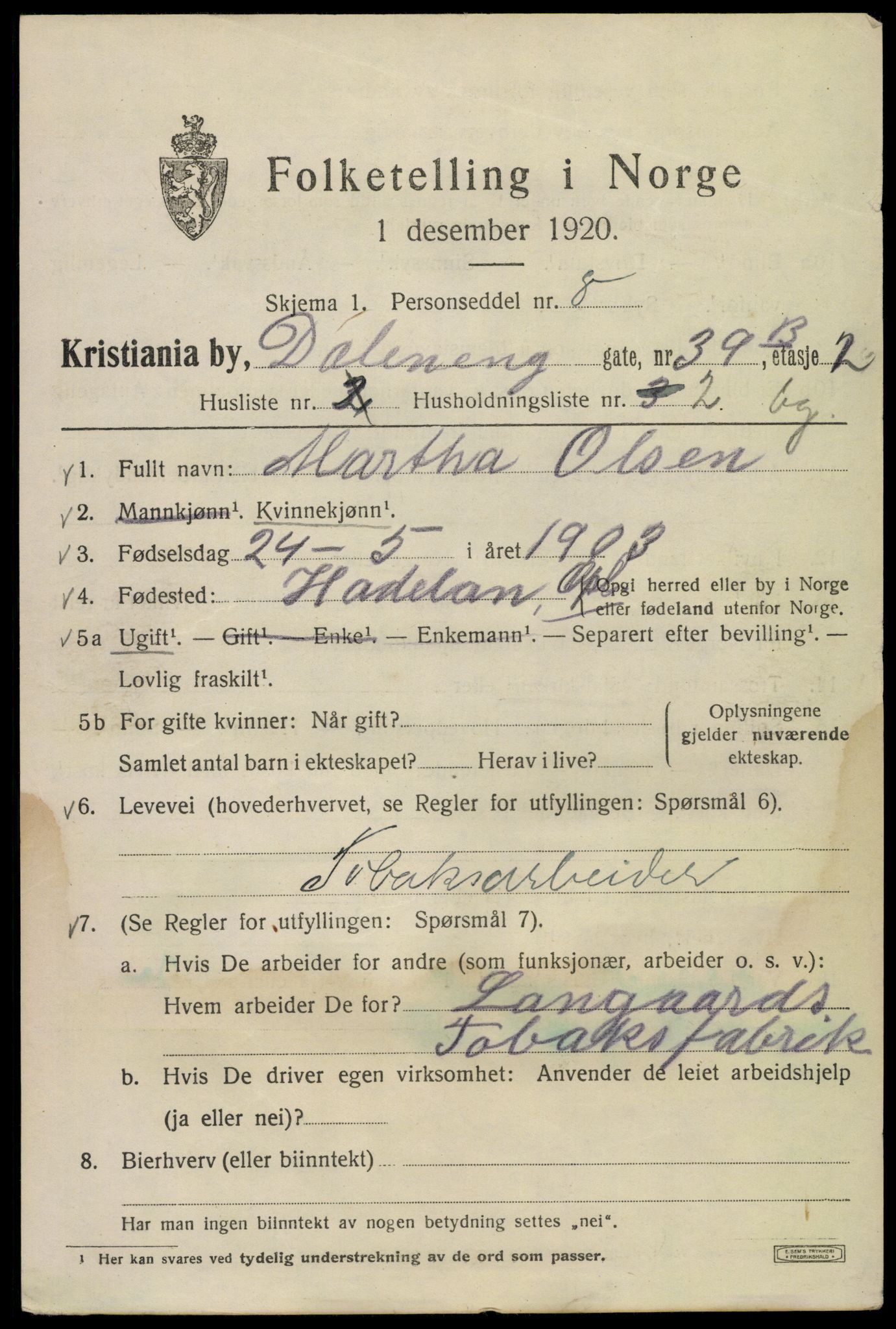 SAO, 1920 census for Kristiania, 1920, p. 206873