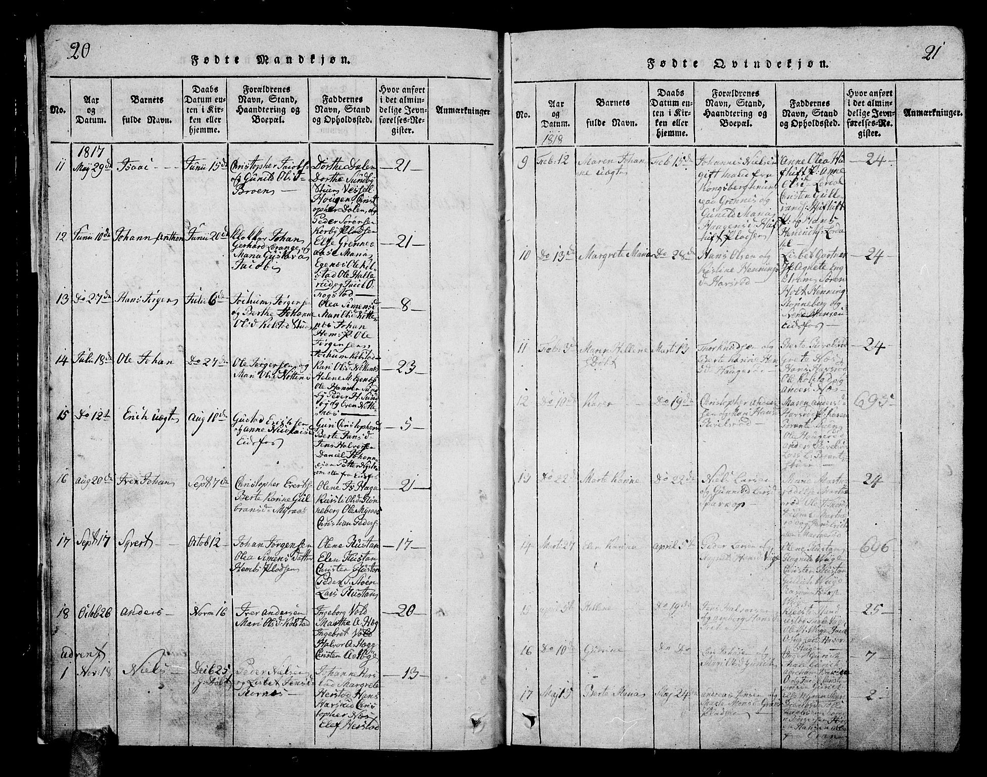 Hof kirkebøker, AV/SAKO-A-64/G/Ga/L0001: Parish register (copy) no. I 1, 1814-1844, p. 20-21