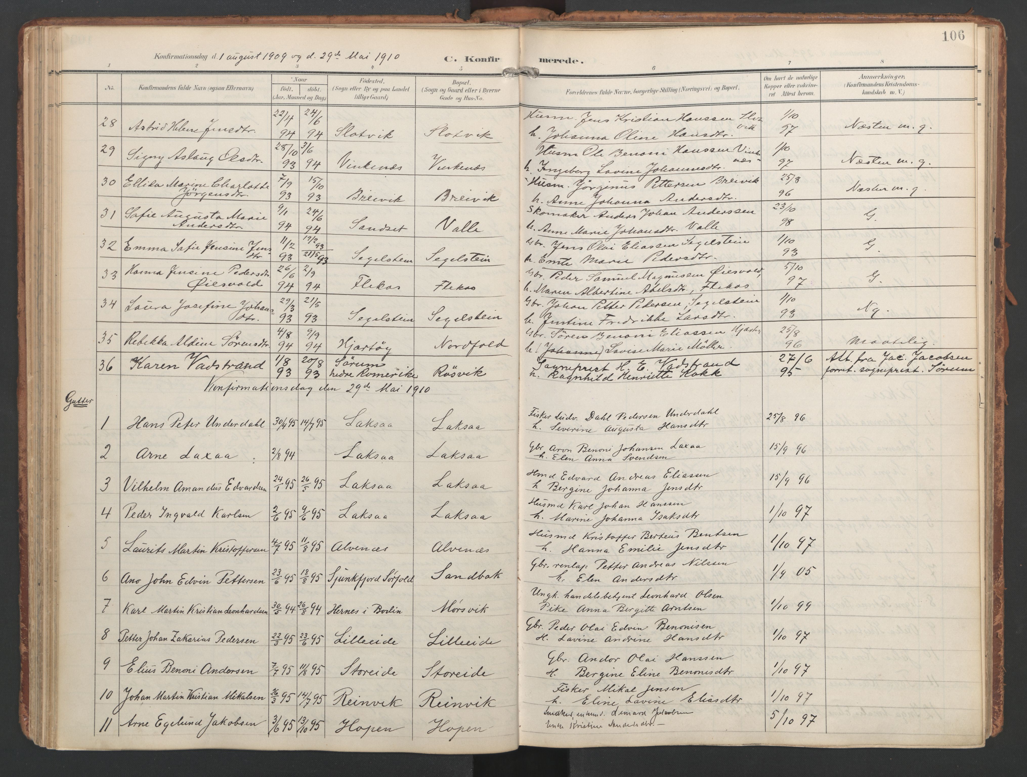 Ministerialprotokoller, klokkerbøker og fødselsregistre - Nordland, AV/SAT-A-1459/858/L0832: Parish register (official) no. 858A02, 1902-1915, p. 106