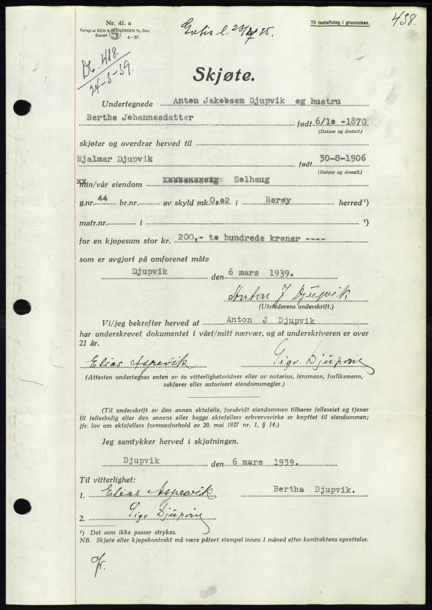 Søre Sunnmøre sorenskriveri, AV/SAT-A-4122/1/2/2C/L0067: Mortgage book no. 61, 1938-1939, Diary no: : 418/1939