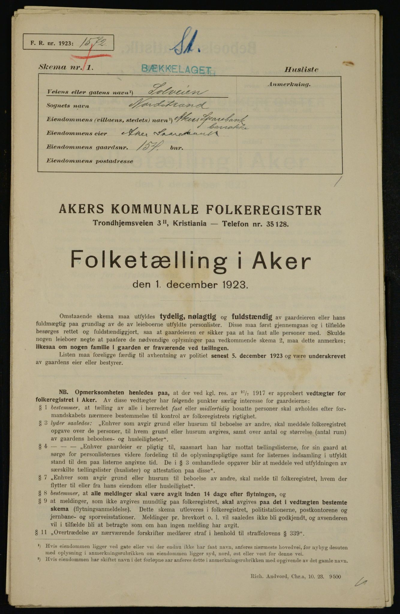 , Municipal Census 1923 for Aker, 1923, p. 45553