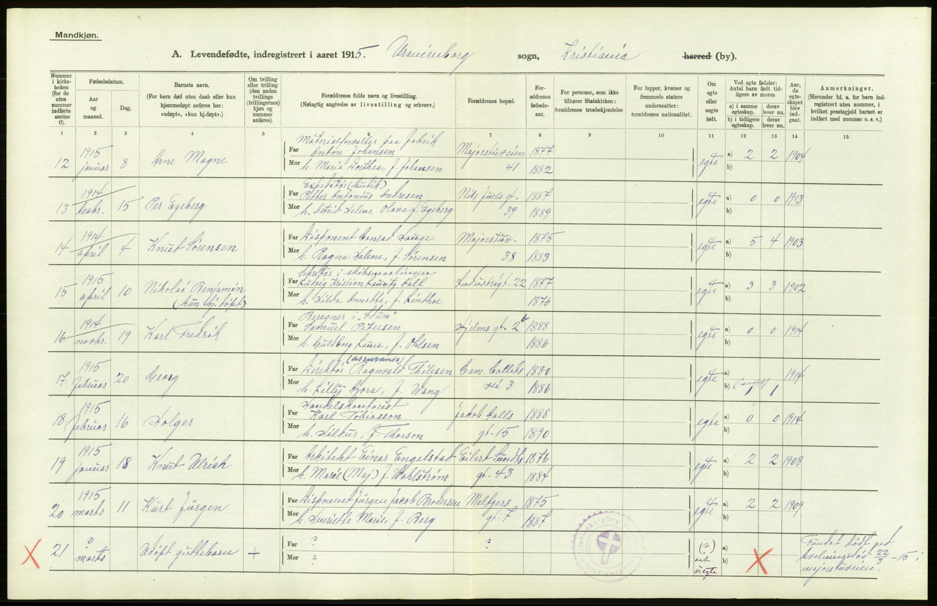 Statistisk sentralbyrå, Sosiodemografiske emner, Befolkning, AV/RA-S-2228/D/Df/Dfb/Dfbe/L0007: Kristiania: Levendefødte menn og kvinner., 1915, p. 520