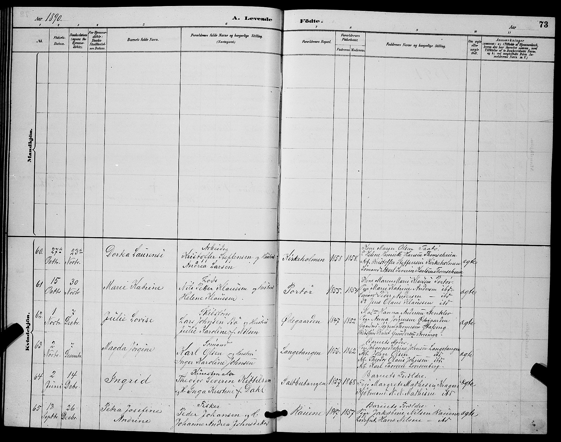 Skåtøy kirkebøker, SAKO/A-304/G/Ga/L0003: Parish register (copy) no. I 3, 1884-1898, p. 73